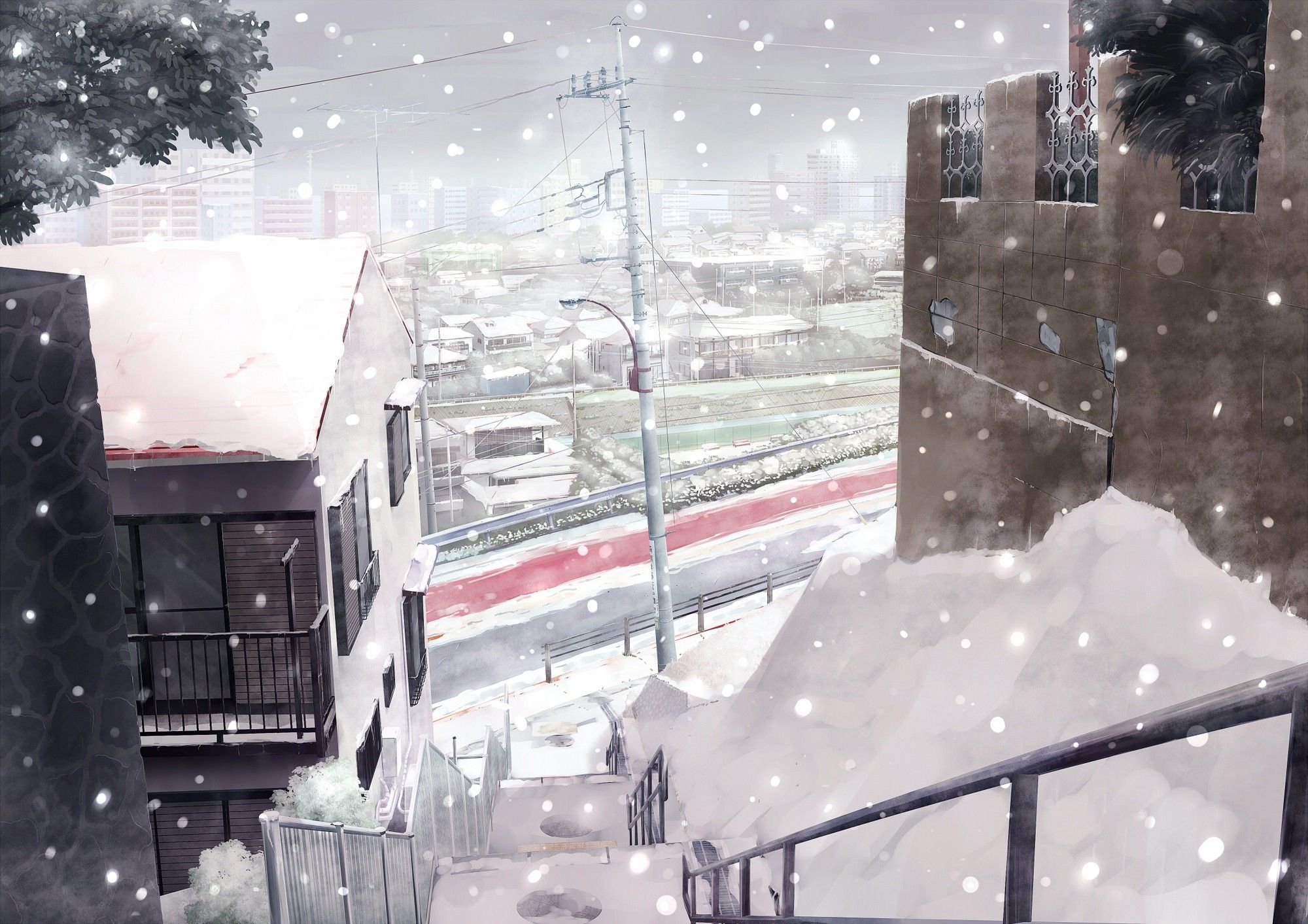 Città innevata con scale e treno, 2000x1413 2K, PC Desktop