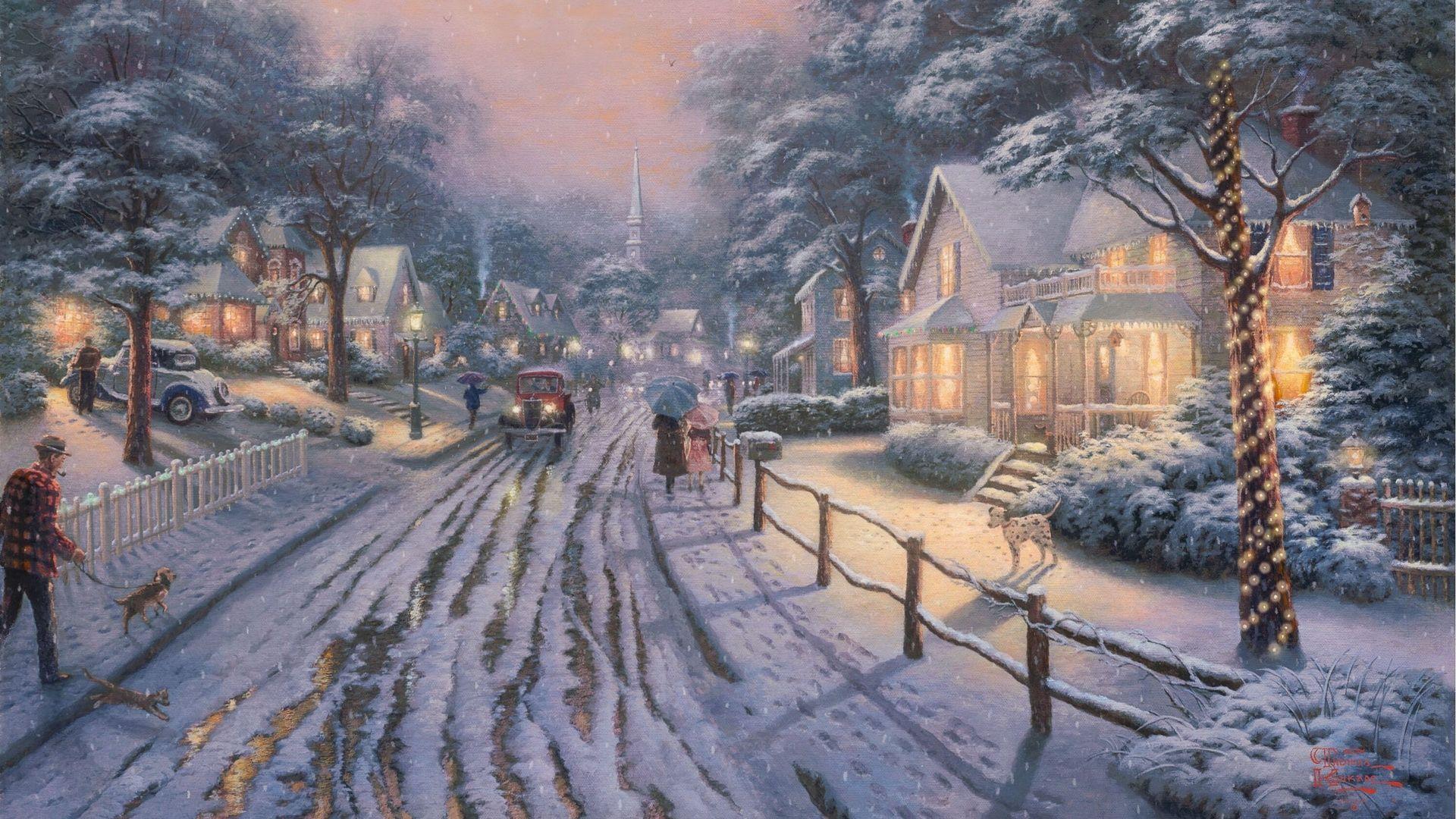 Cittadina innevata con luci natalizie, 1920x1080 1080p, Desktop