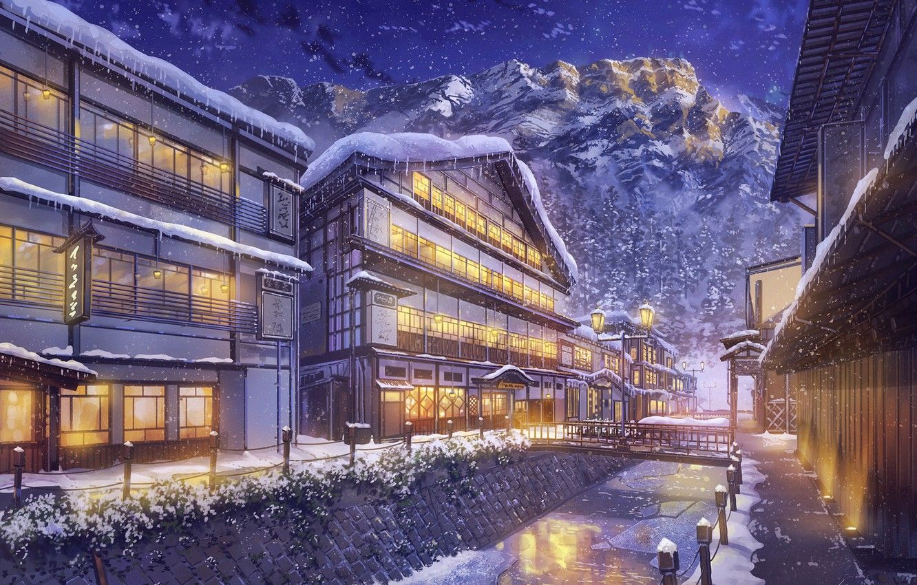 Città giapponese innevata di notte, 1332x850 HD, Desktop