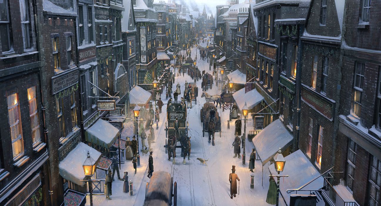 Città innevata mercato natalizio, 1296x700 720p, Laptop