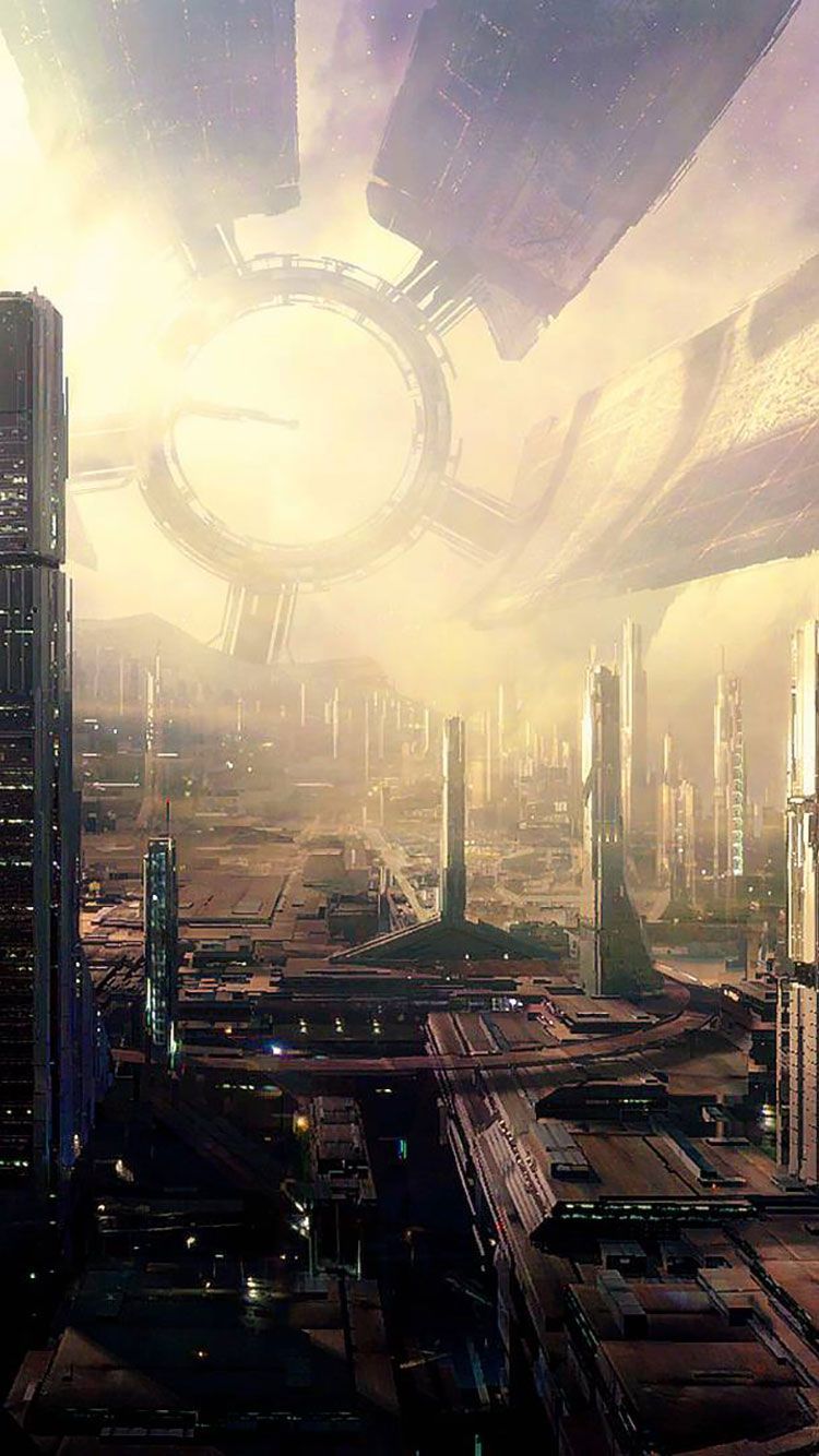 Città futuristica con astronave, 750x1334 Full HD Verticale, iPhone Air