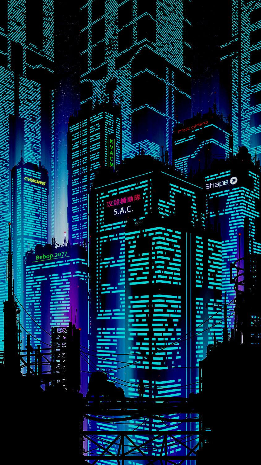 Città cyberpunk notturna blu, 844x1500 Verticale, Mobile
