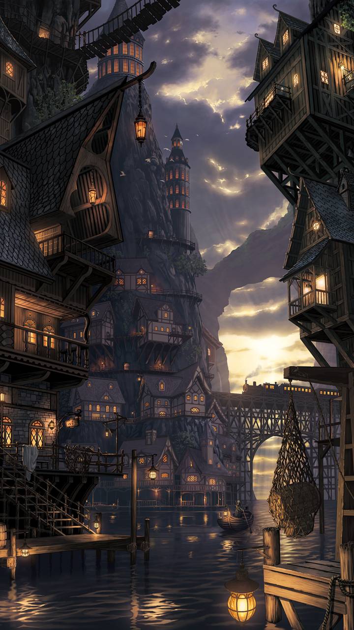 Città fantasy con lanterne, 720x1280 Verticale, Mobile