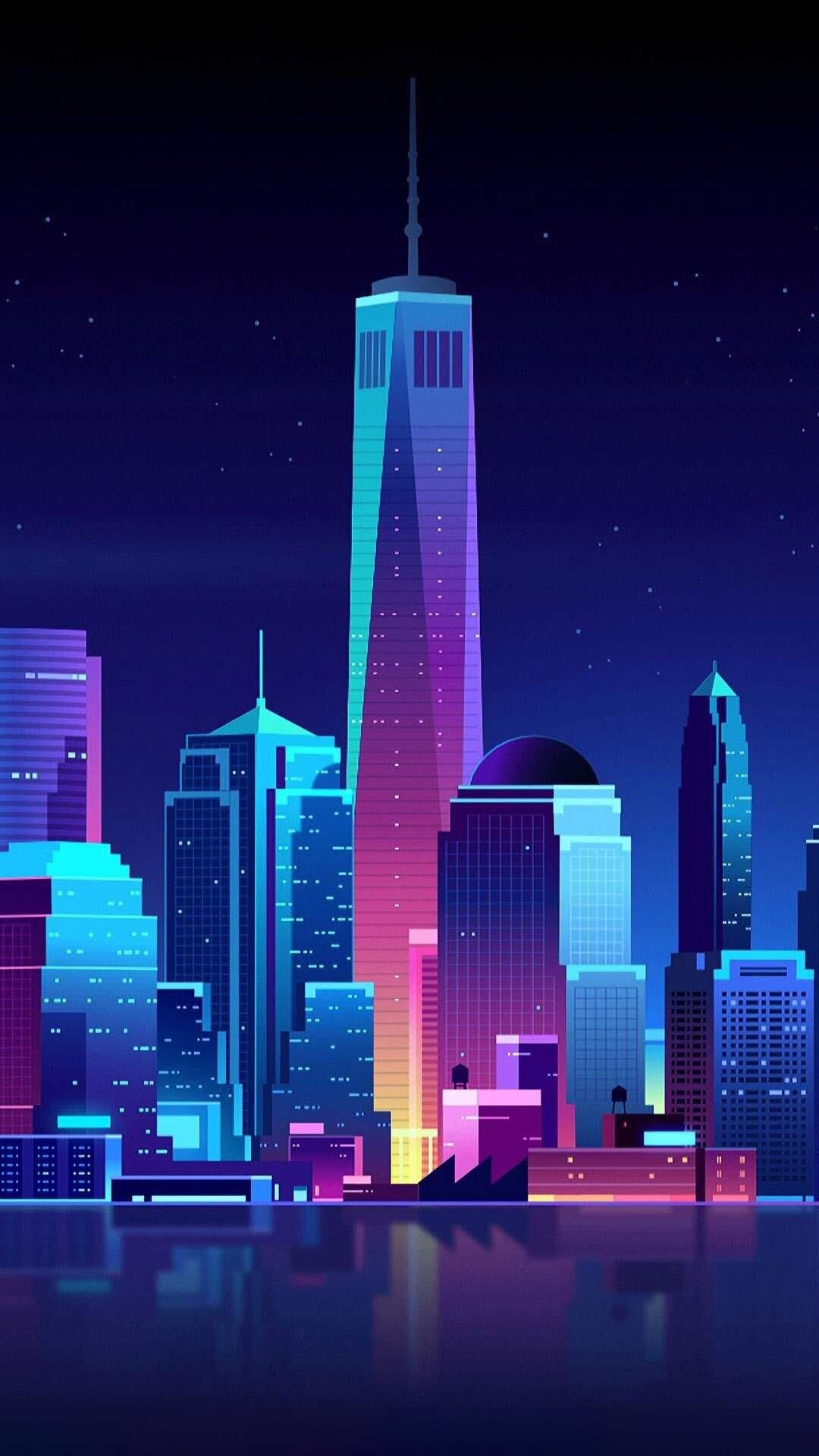 Skyline notturno neon città, 1080x1920 Full HD Verticale, iPhone