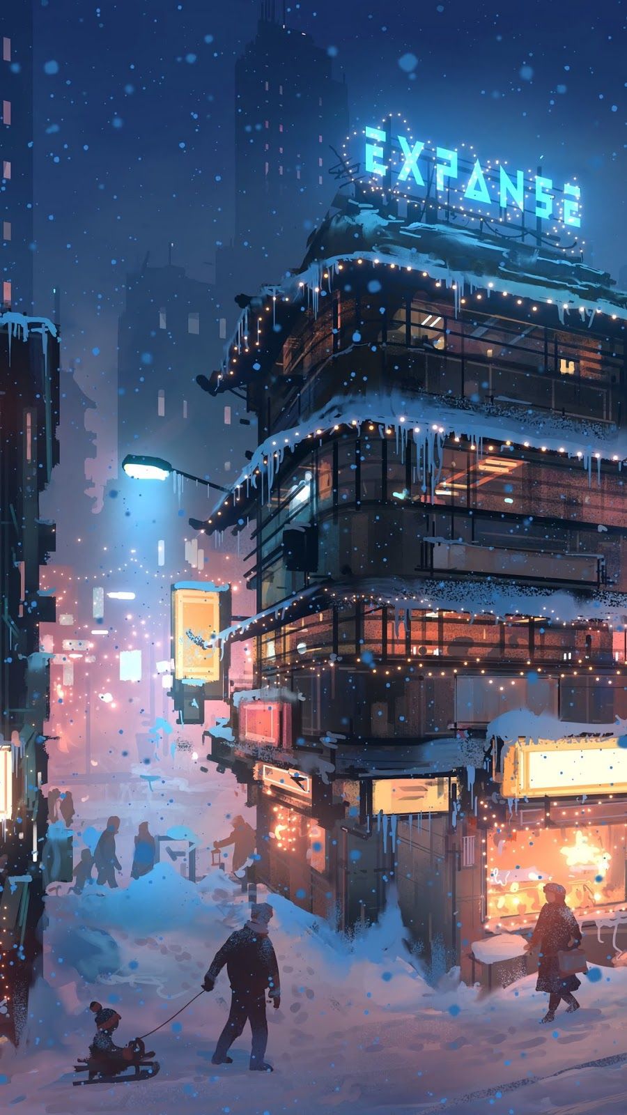Città notturna innevata neon, 900x1600 Verticale, Mobile