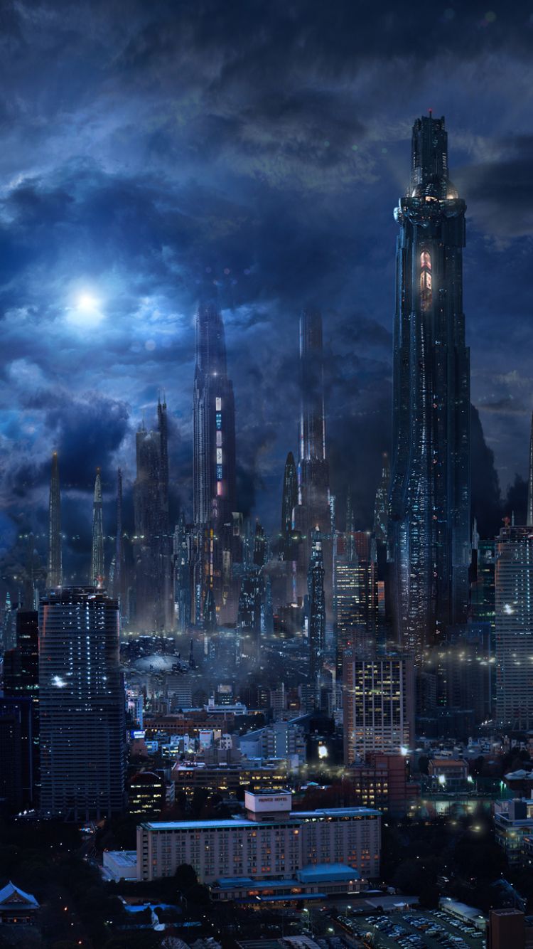 Città futuristica di notte, 750x1334 Verticale, Telefono