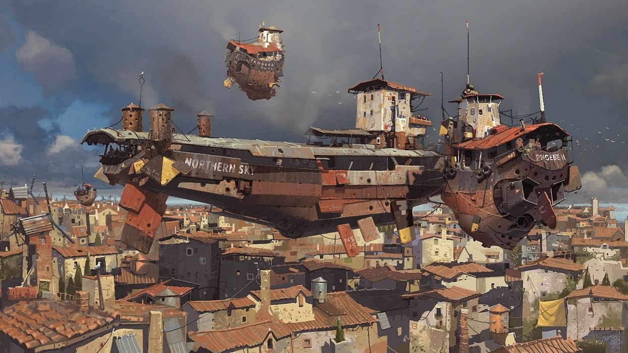 Città steampunk navi volanti, 1244x700 HD, Laptop