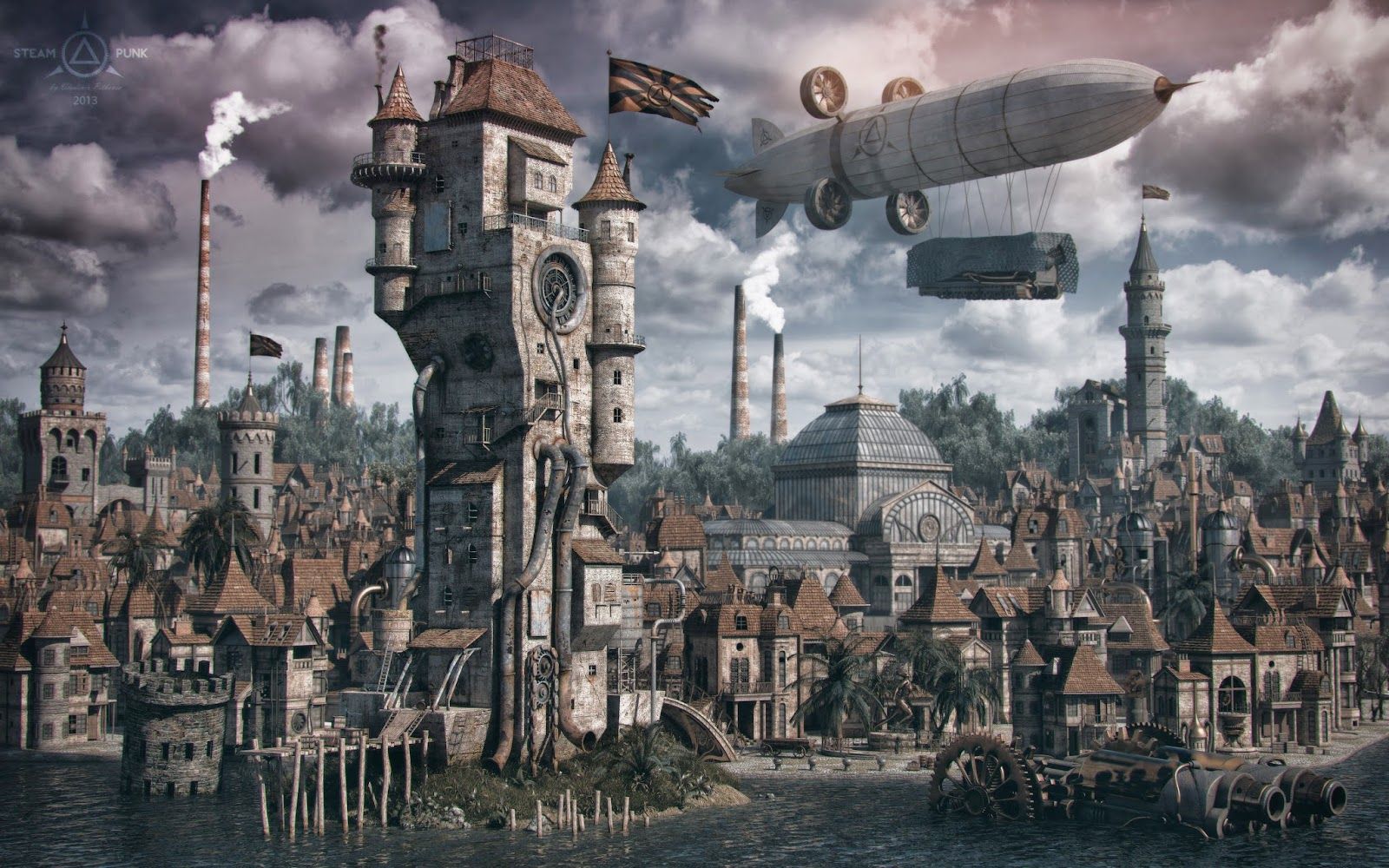 Città steampunk con dirigibile, 1600x1000 900p, Desktop