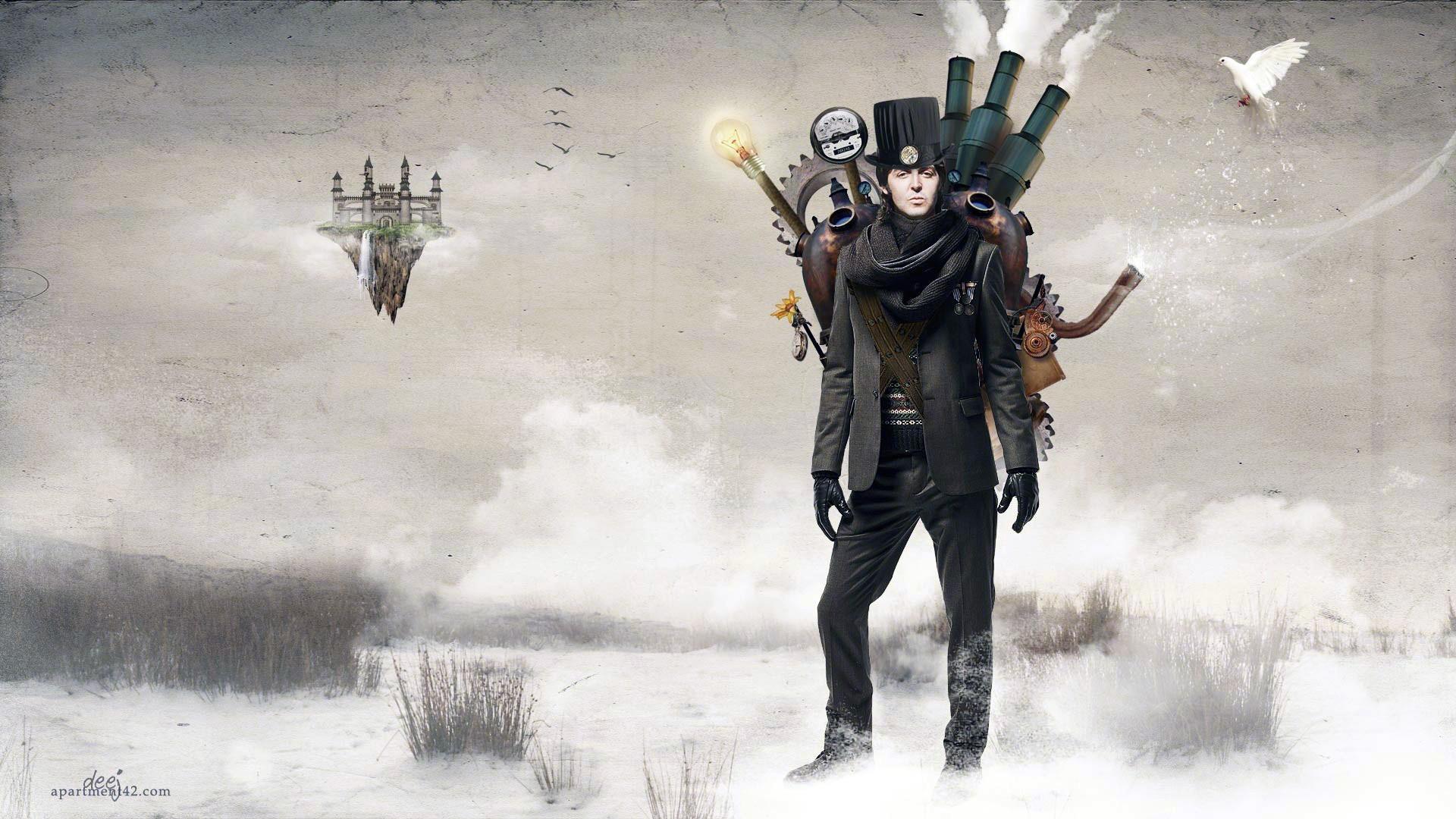 Città steampunk fluttuante ingranaggi, 1366x768 HD, Desktop