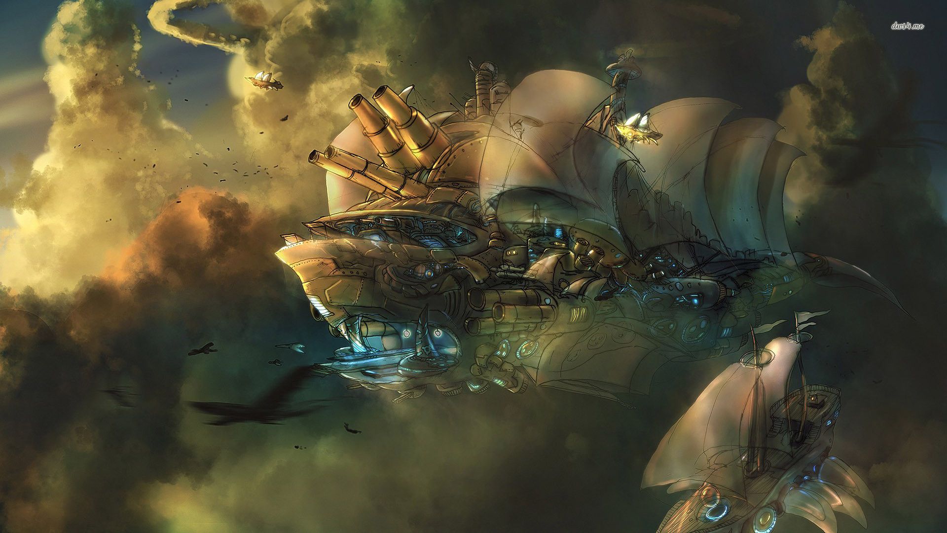 Città volante steampunk con dirigibili, 1920x1080 Full HD 1080p, PC Desktop