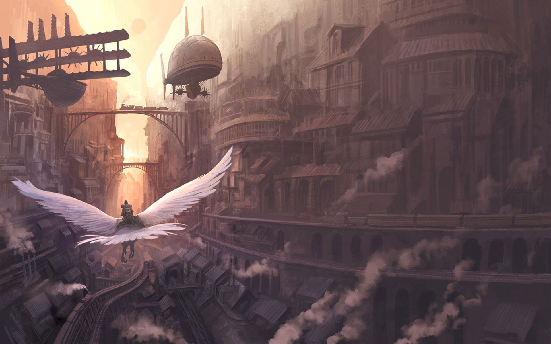 Città steampunk fluttuante con dirigibile, 1920x1200 WUXGA, Laptop