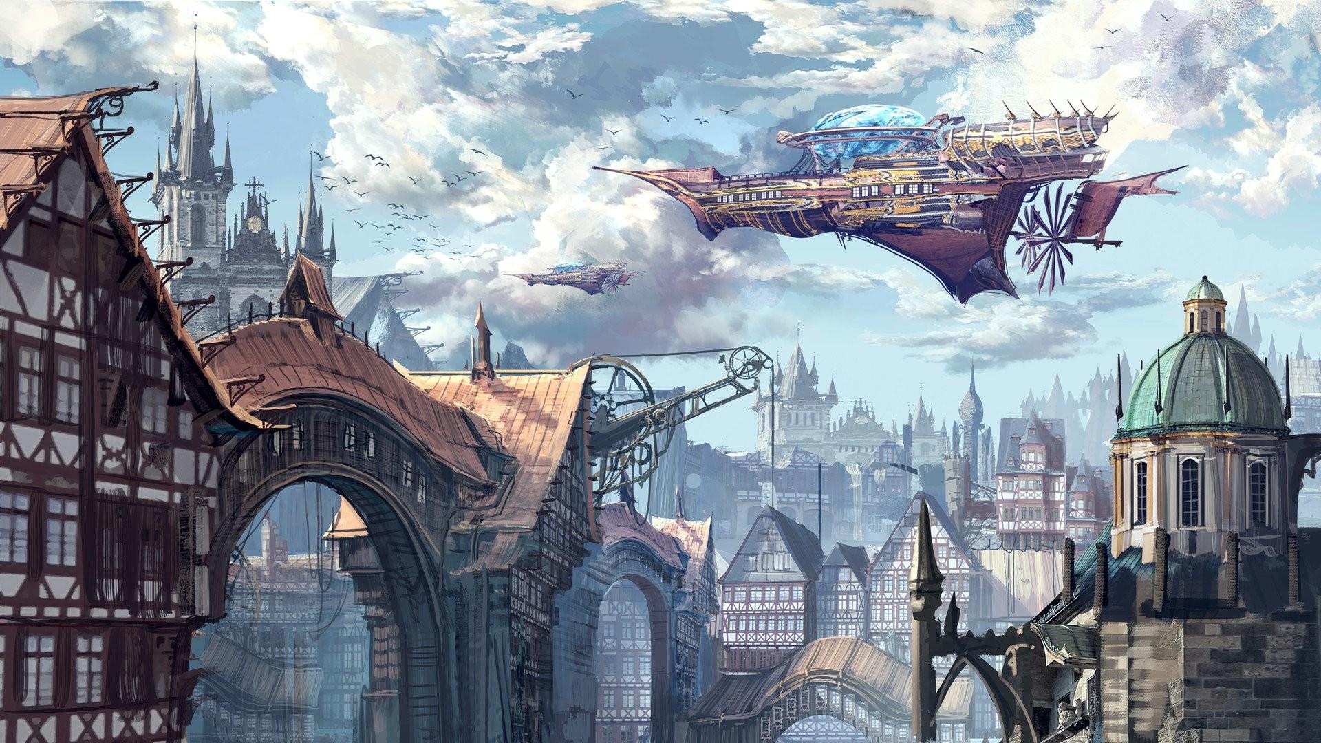 Città steampunk con nave volante, 1920x1080 Full HD 1080p, Desktop