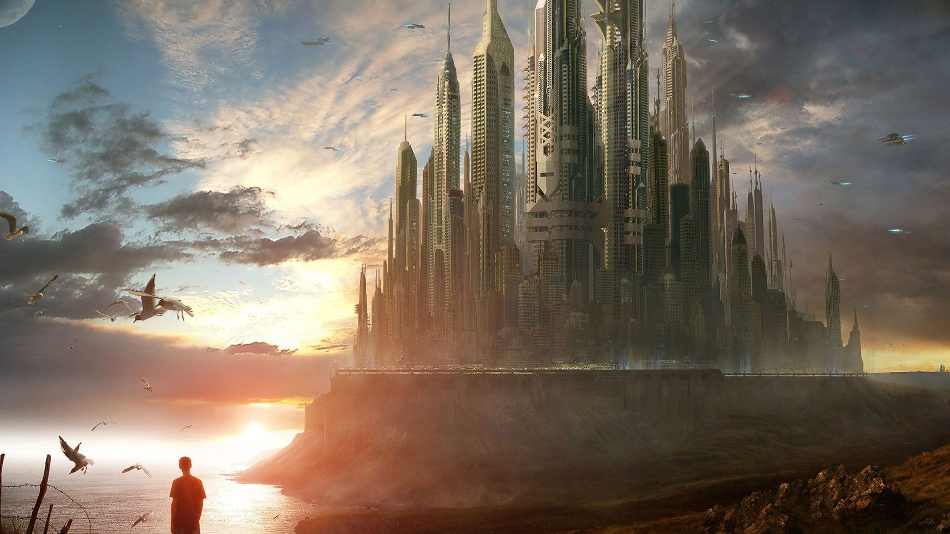 Città futuristica fluttuante al tramonto, 1920x1080 Full HD 1080p, Desktop