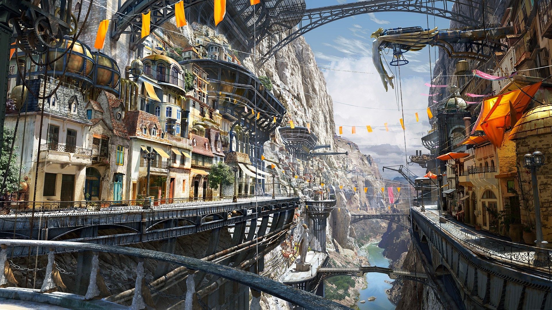 Città steampunk fluttuante su canyon, 1920x1080 1080p, Laptop