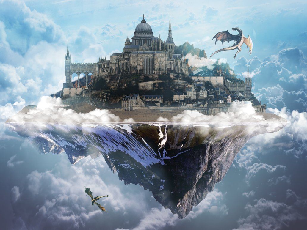Città fluttuante con drago, 1032x774 HD, PC
