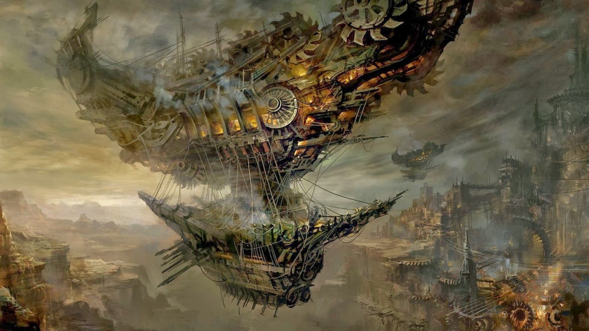 Dirigibile steampunk con ingranaggi, 1920x1080 Full HD, PC