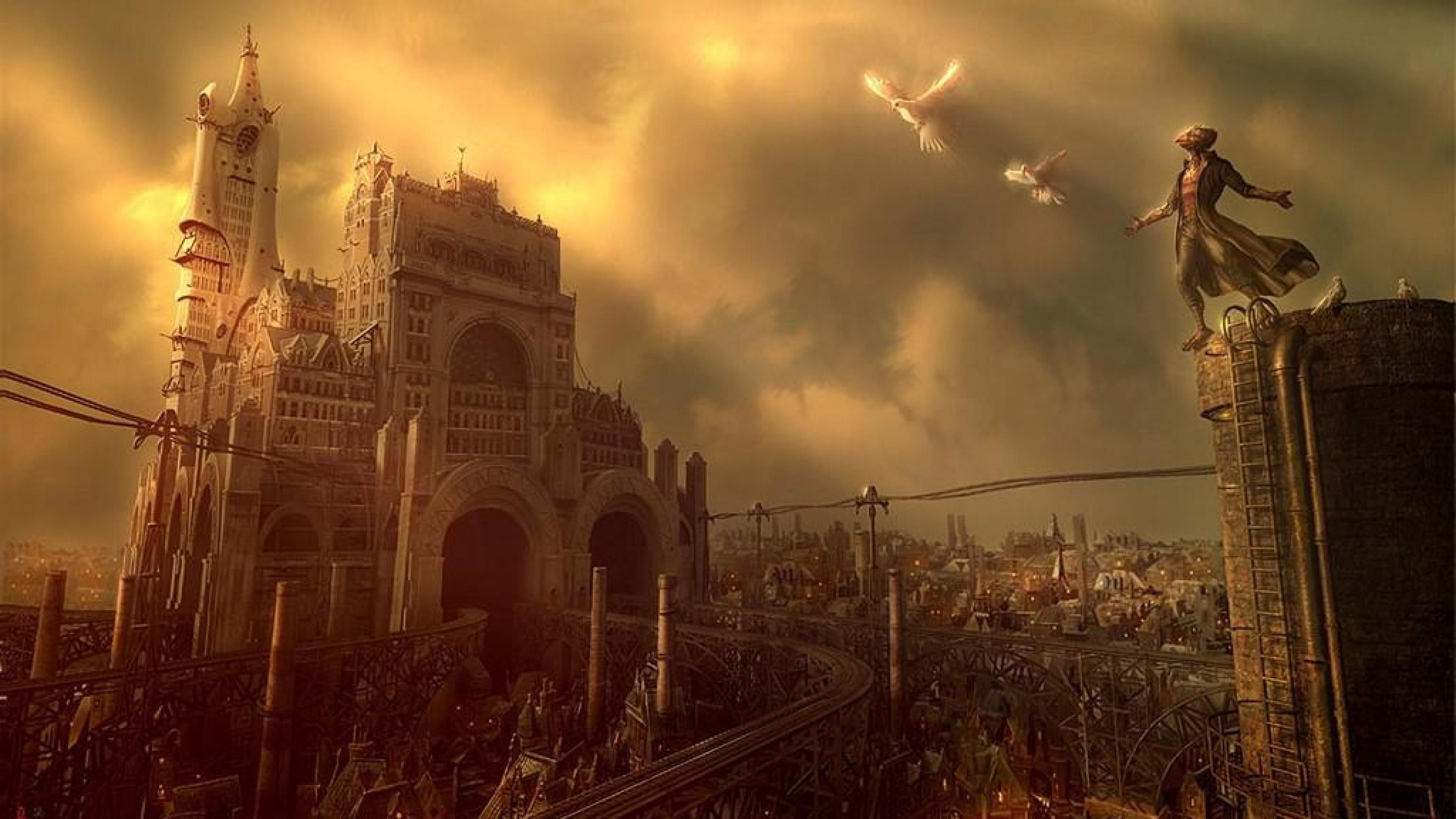 Città steampunk fantasy dorata, 3840x2160 4K Ultra HD, Monitor 4K