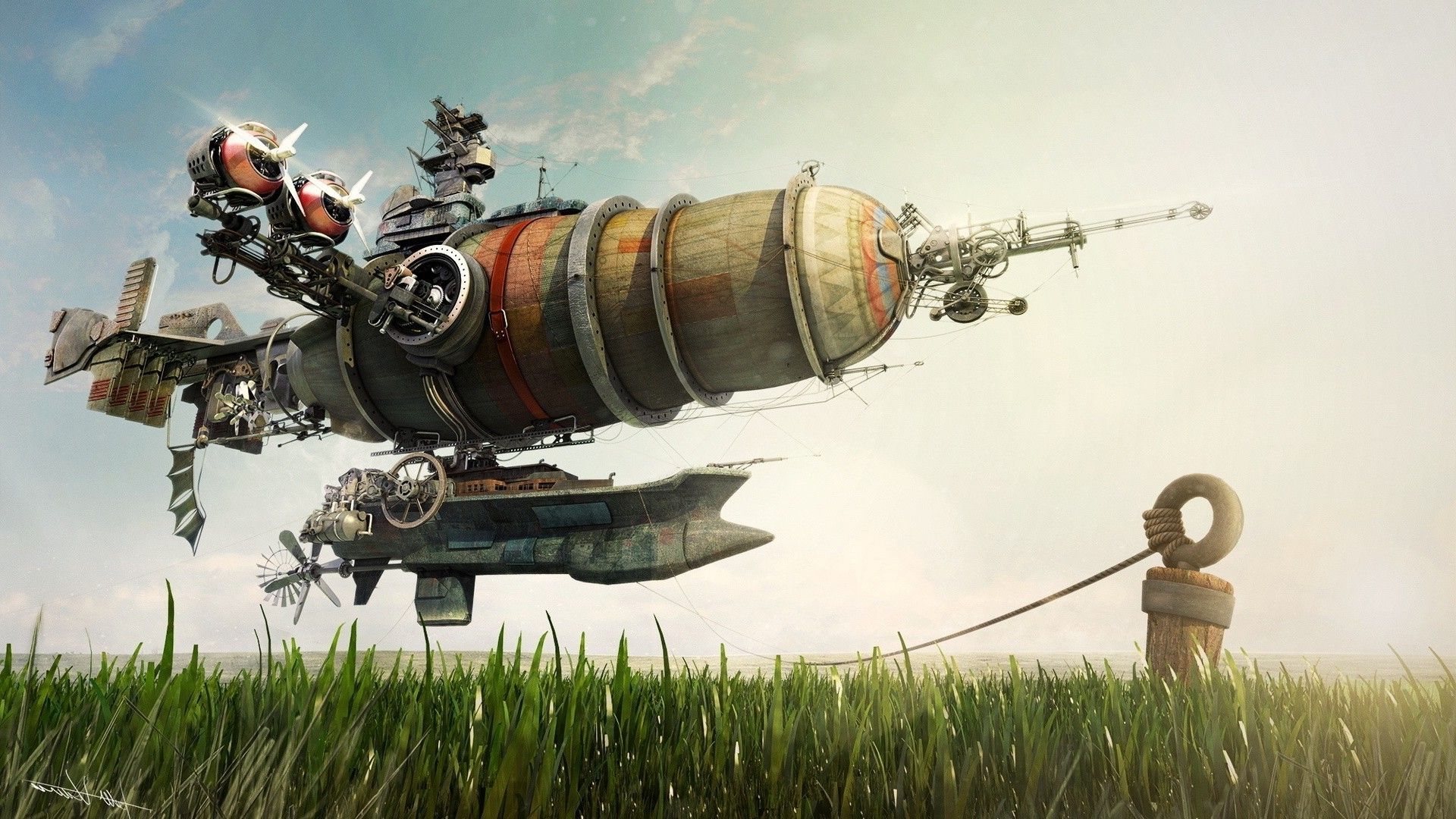 Dirigibile steampunk ancorato campo, 1920x1080 1080p, PC Desktop