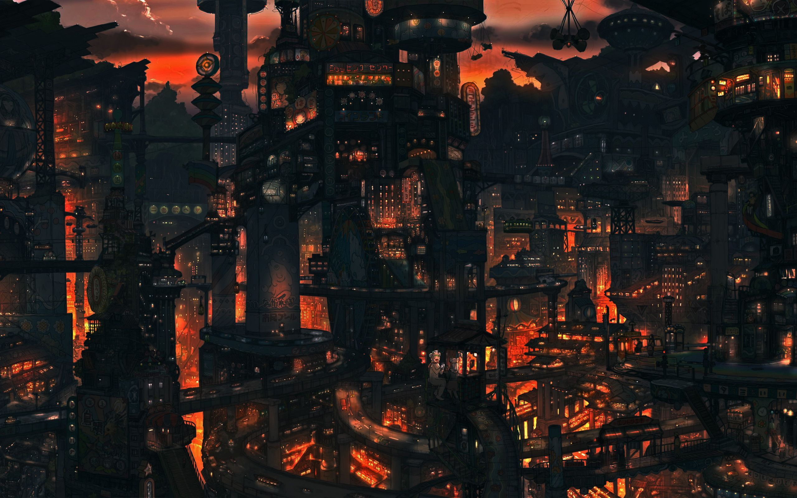 Città steampunk fluttuante notturna, 2560x1600 2K, PC