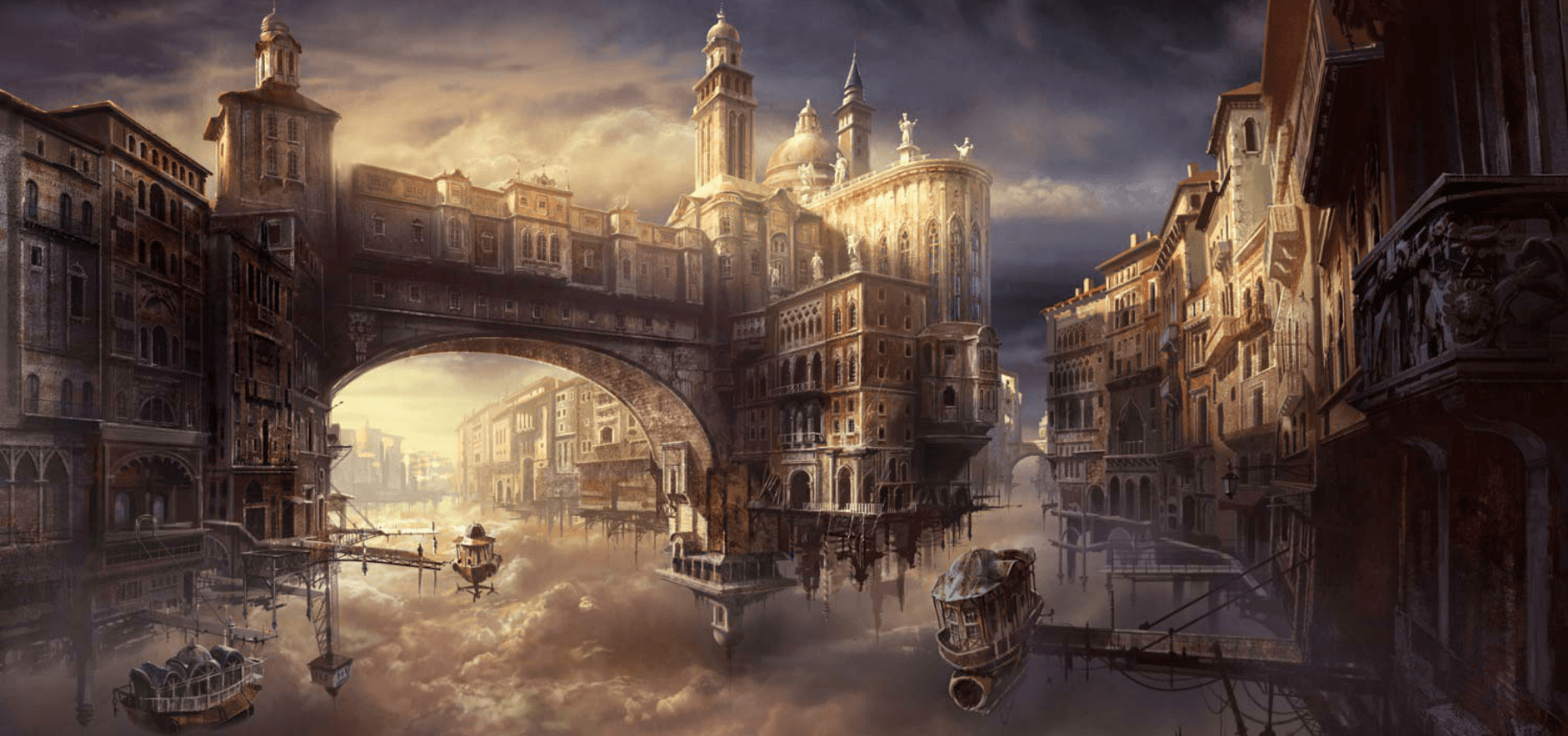 Città fluttuante steampunk dorata, 1813x851 HD Ready, Desktop