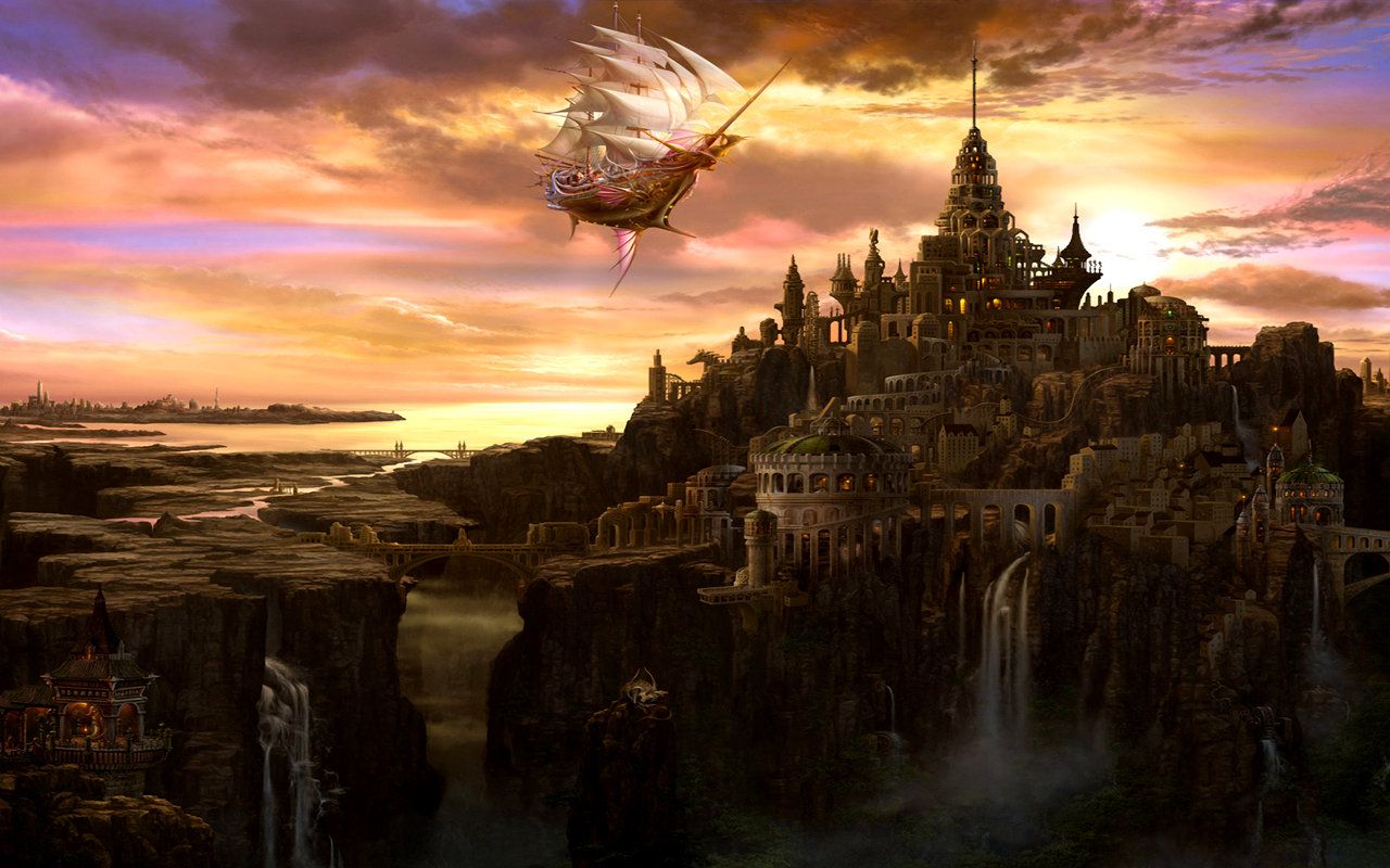 Città fluttuante steampunk nuvole, 2560x1440 1440p, Desktop