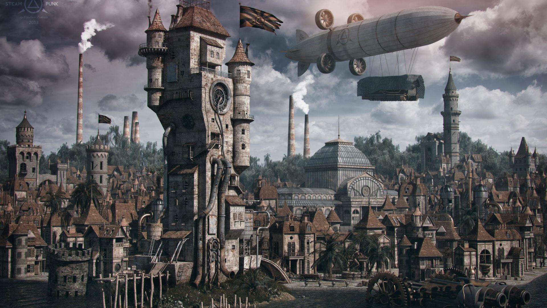 Città steampunk con dirigibile, 1920x1080 1080p, Desktop
