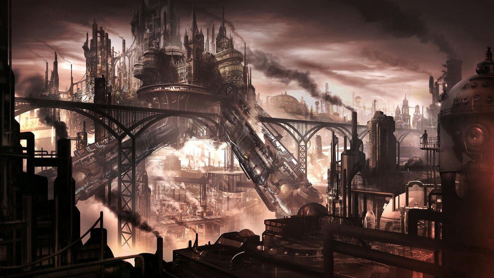 Città steampunk industriale con ponti, 1600x900 HD, Desktop
