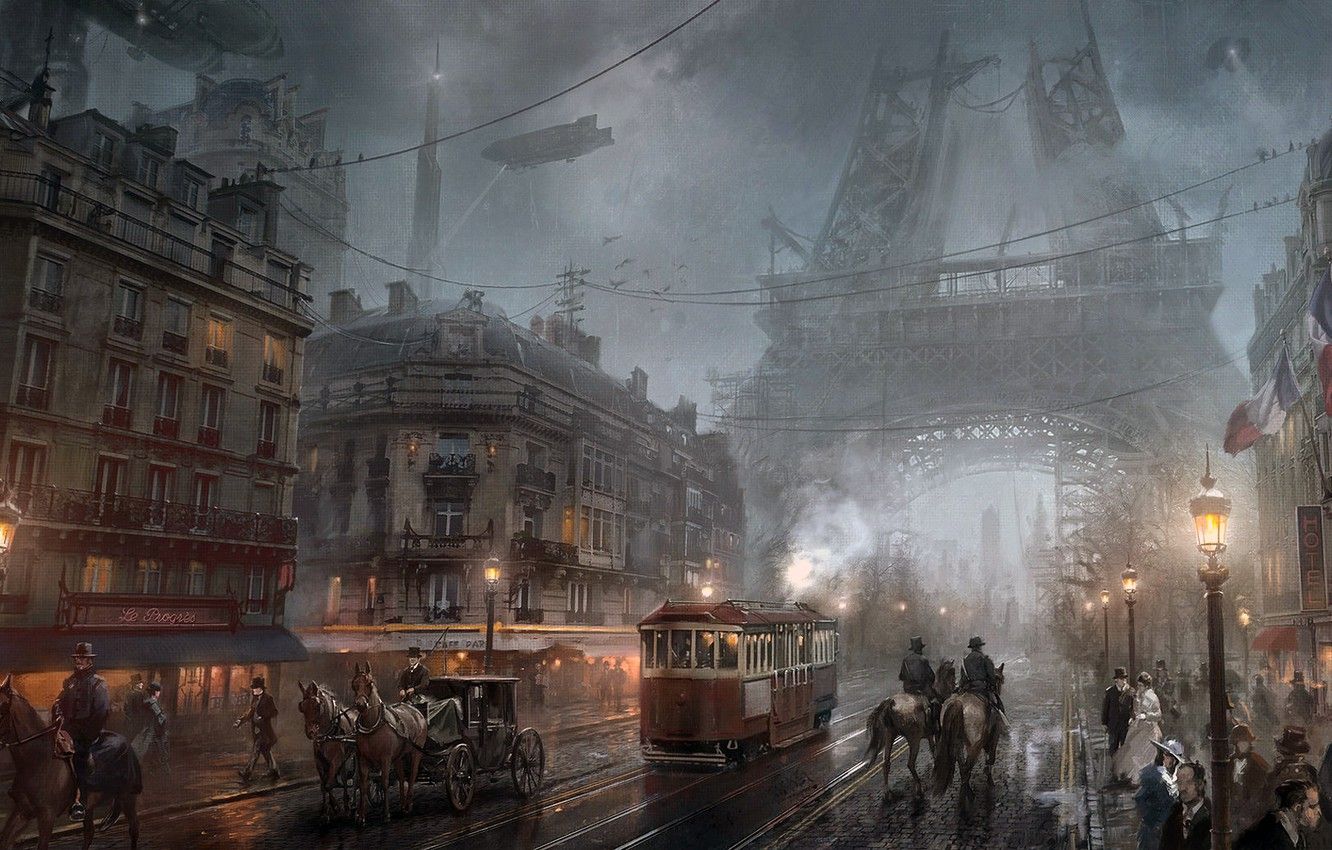 Città steampunk Parigi nebbiosa, 1332x850 720p, PC