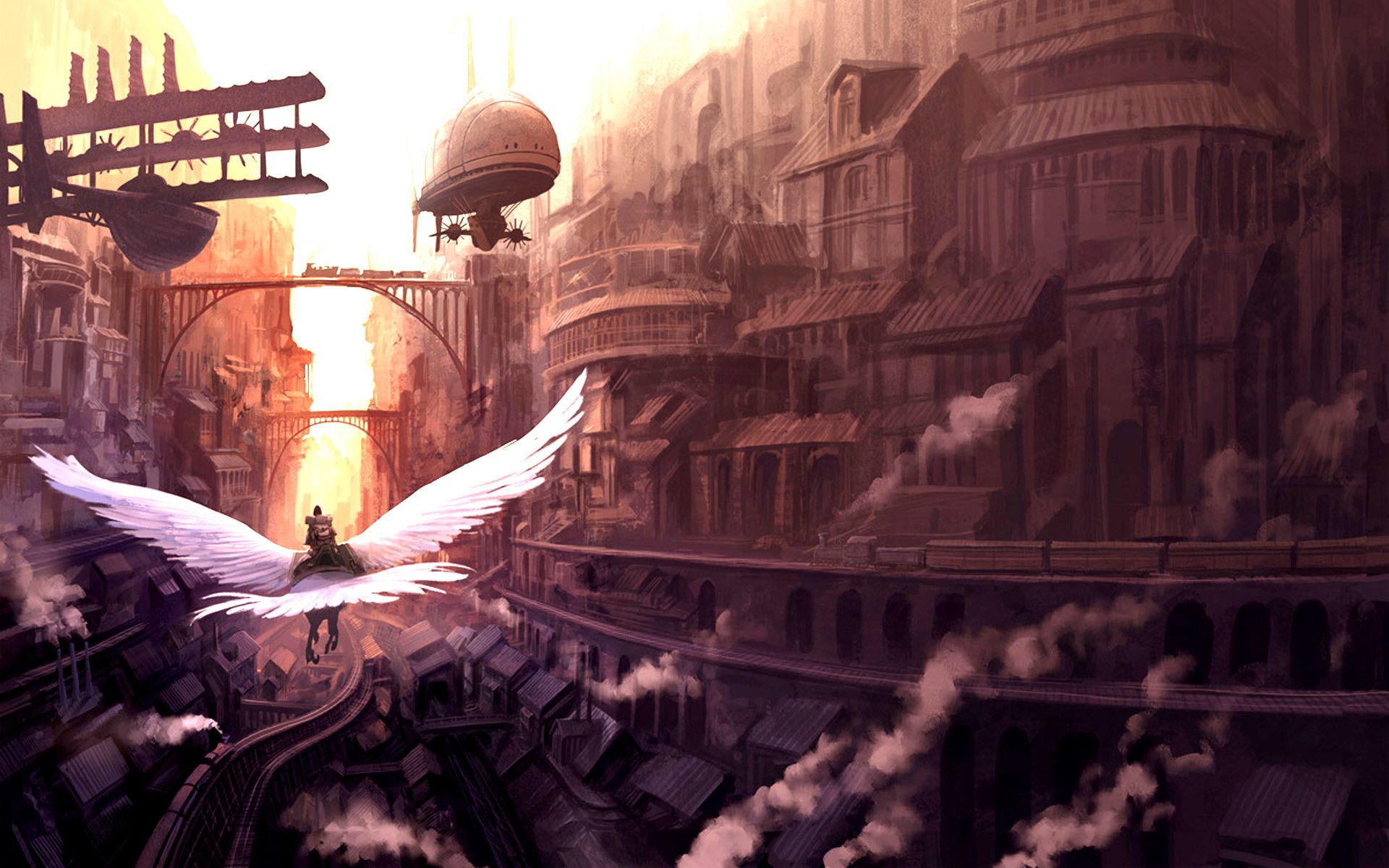 Città steampunk con dirigibile e ali, 1920x1200 Full HD+ WUXGA, Laptop
