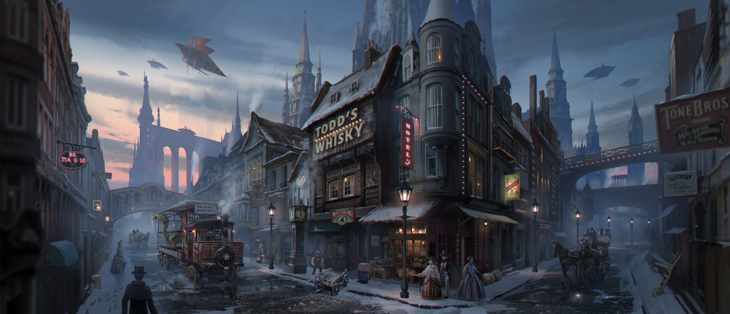 Città steampunk con dirigibili, 2550x1096 Ultrawide, Dual Monitor