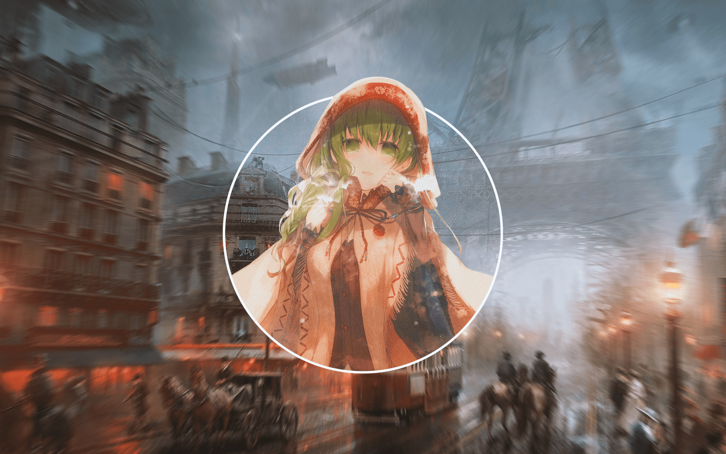 Ragazza anime capelli verdi città steampunk, 2880x1800 2K+, MacBook Pro