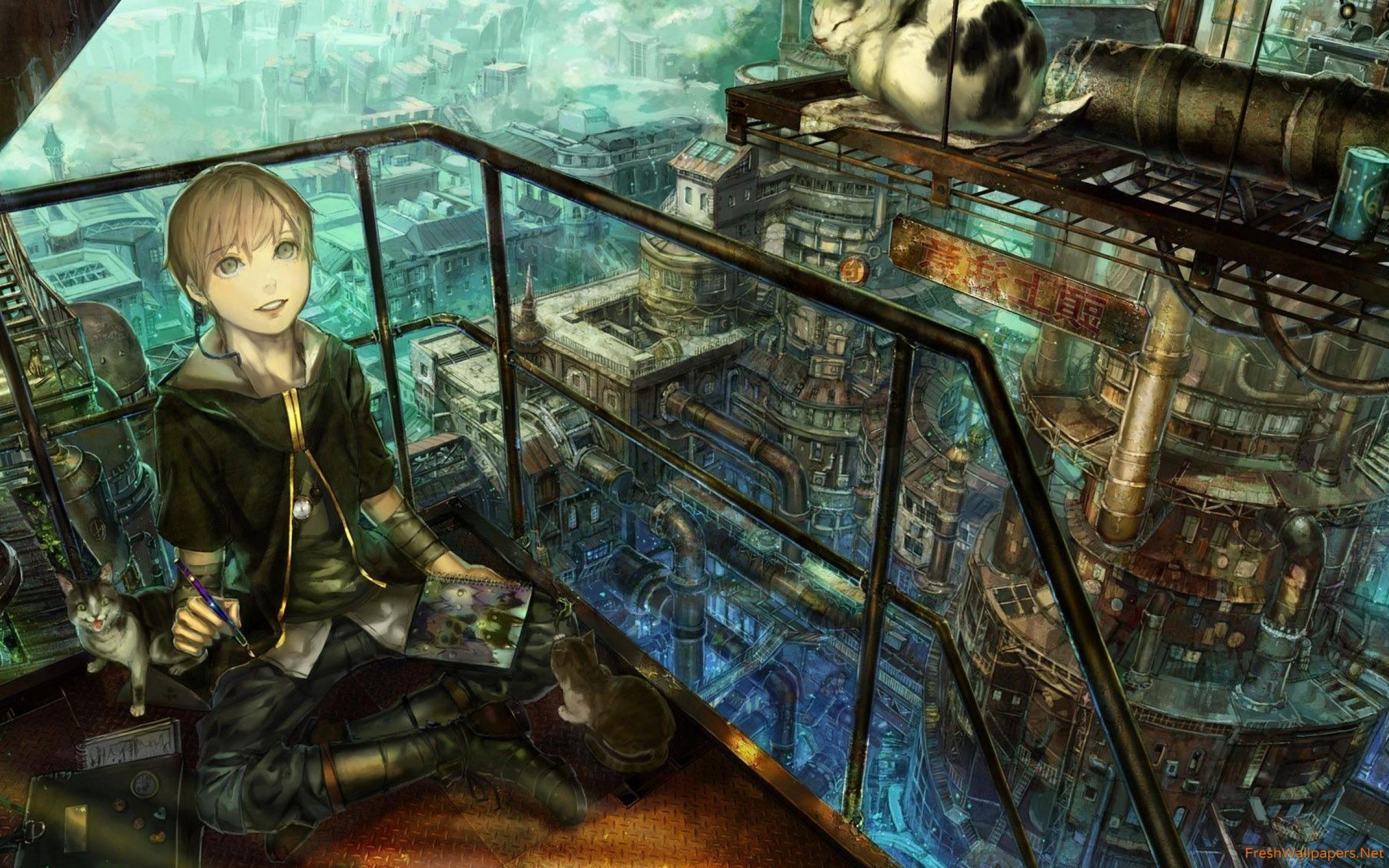 Ragazzo su balcone città steampunk, 2560x1600 2K, Desktop