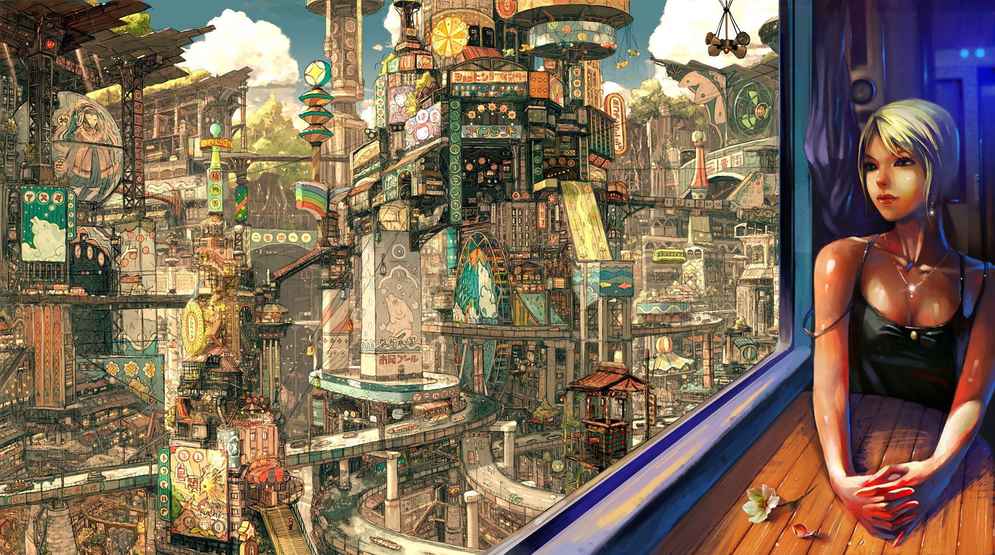 Città steampunk con ragazza, 2000x1116 alta risoluzione, Laptop