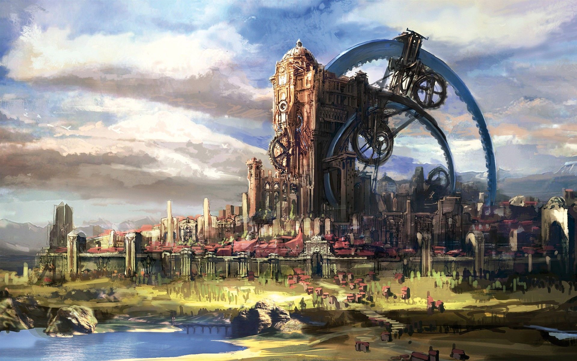 Città steampunk con ingranaggi, 1920x1200 WUXGA, Desktop