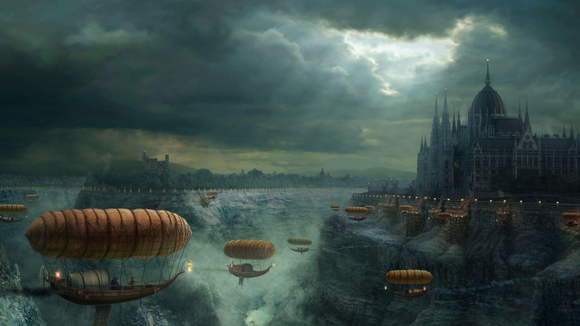 Città steampunk con dirigibili, 1920x1080 Full HD 1080p, PC