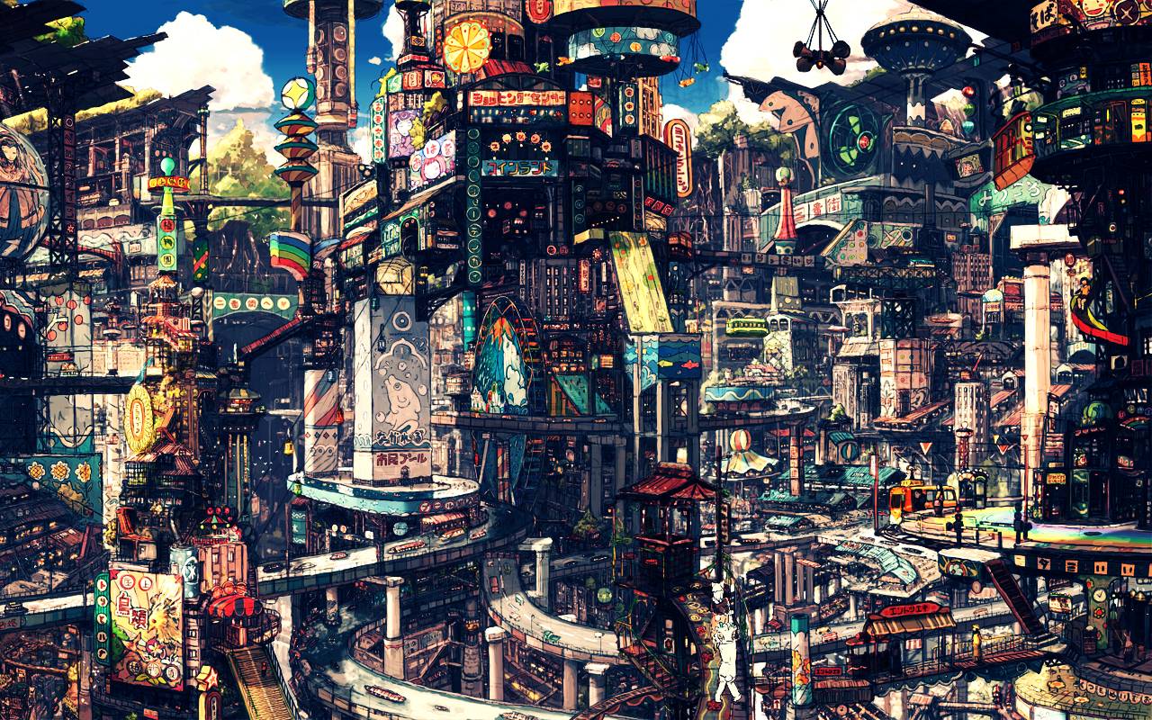 Città steampunk futuristica affollata, 1280x800 HD, Desktop