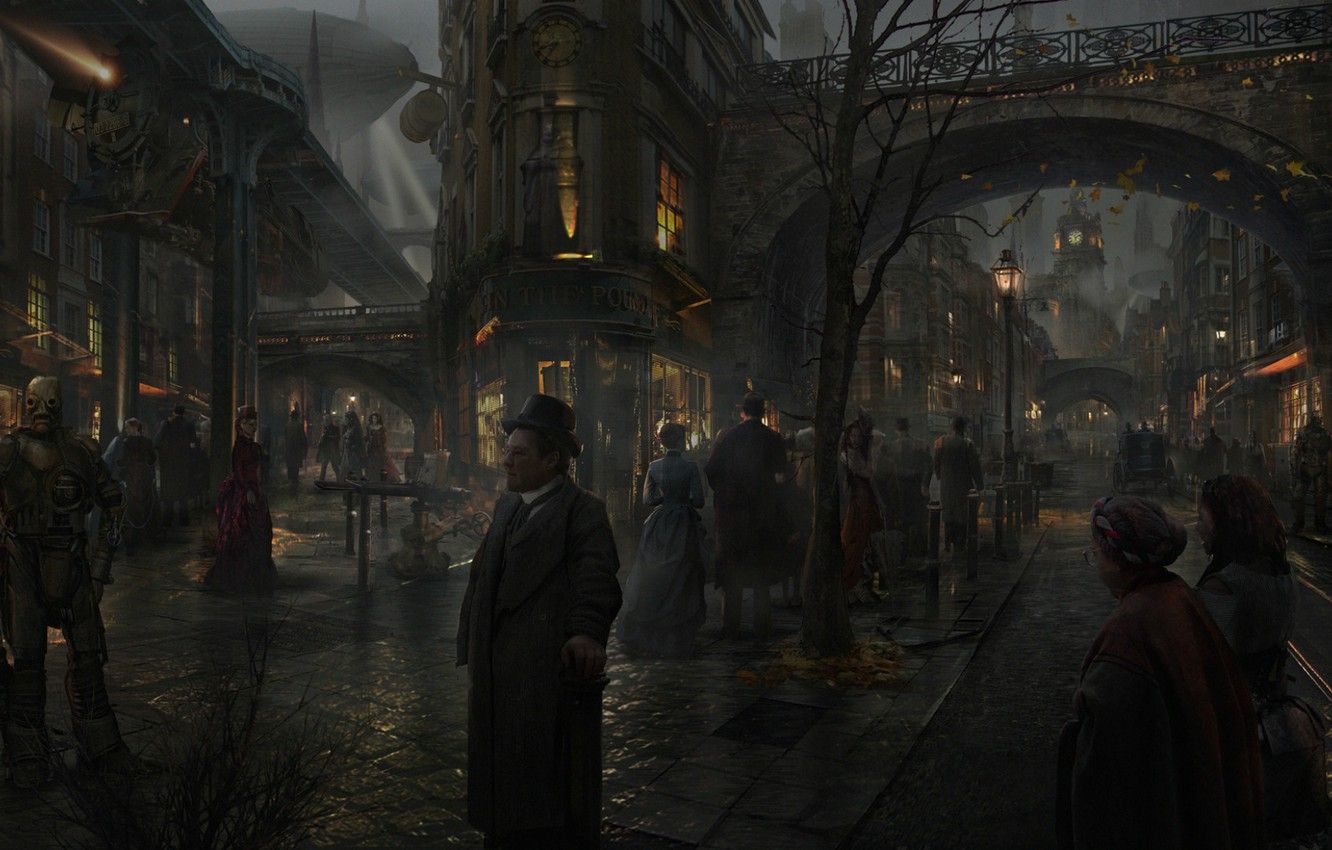 Città steampunk vicolo notturno, 1332x850 720p, Laptop