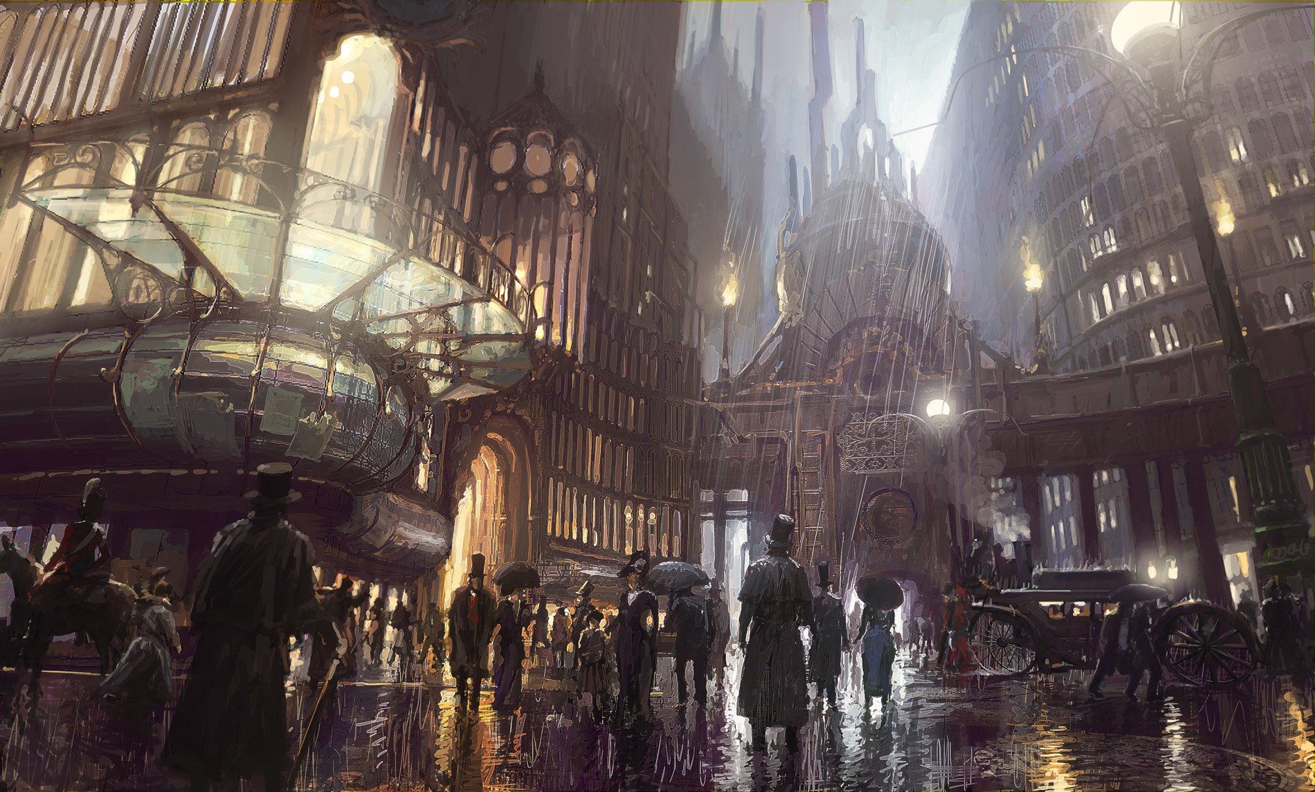 Città steampunk con folla e cattedrale, 1900x1145 HD, PC