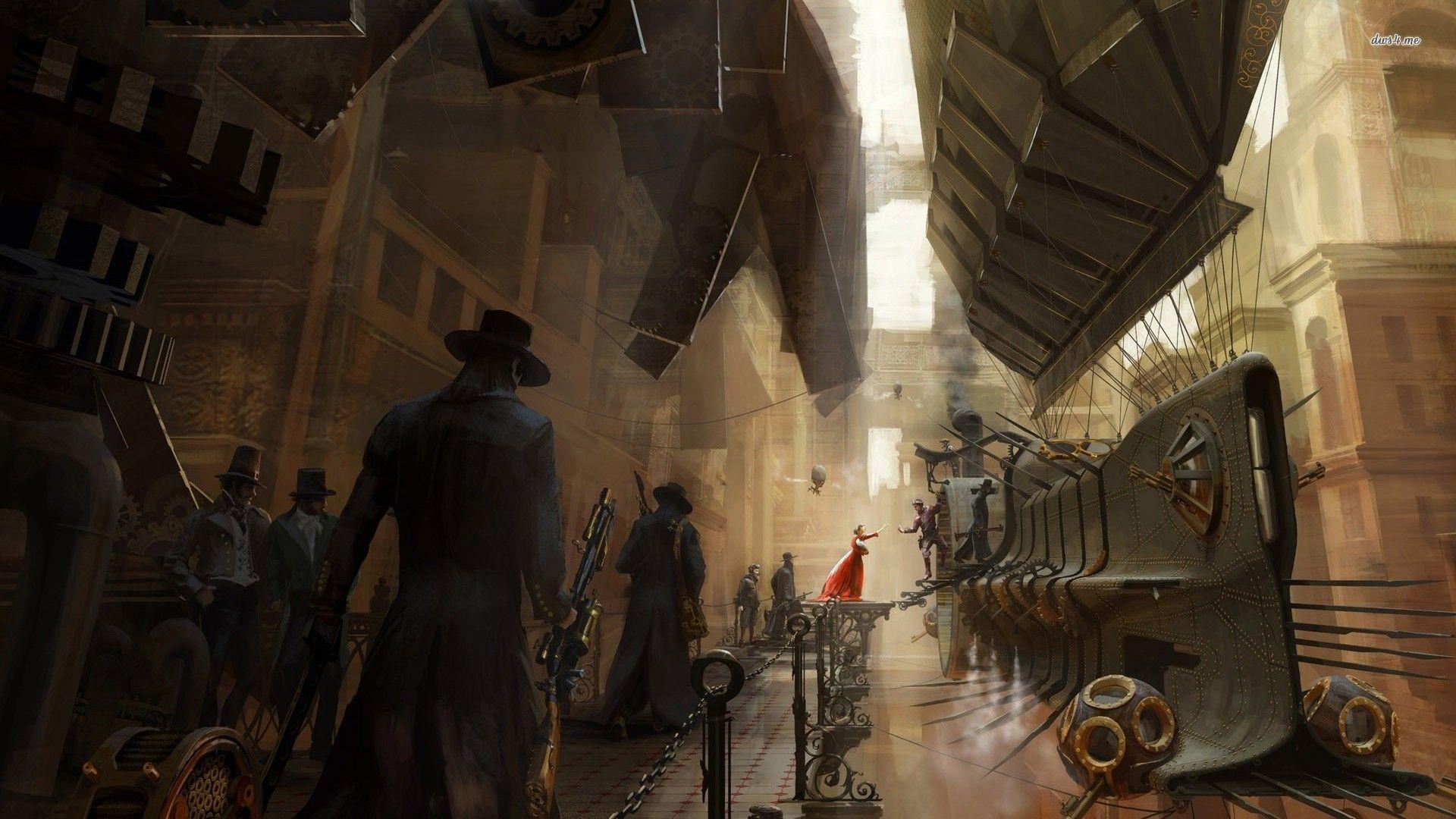 Città steampunk con treno a vapore, 1920x1080 Full HD, Desktop