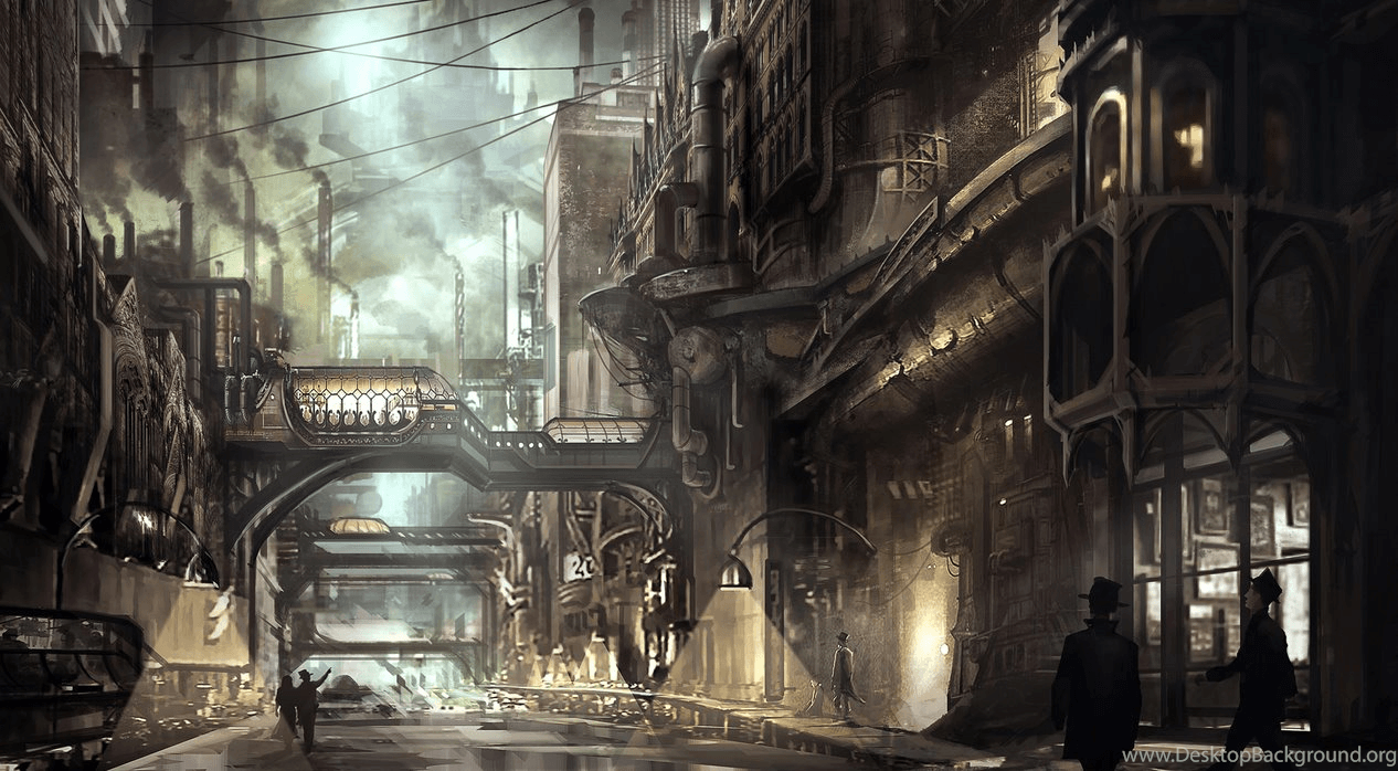 Città steampunk, strada industriale, 1266x698 HD, PC