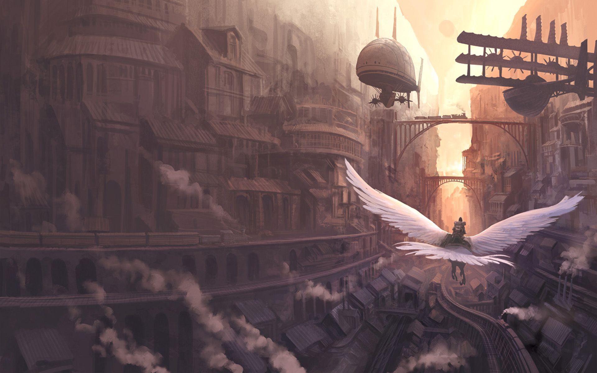 Città steampunk con dirigibile e ali, 1920x1200 Full HD+, Desktop