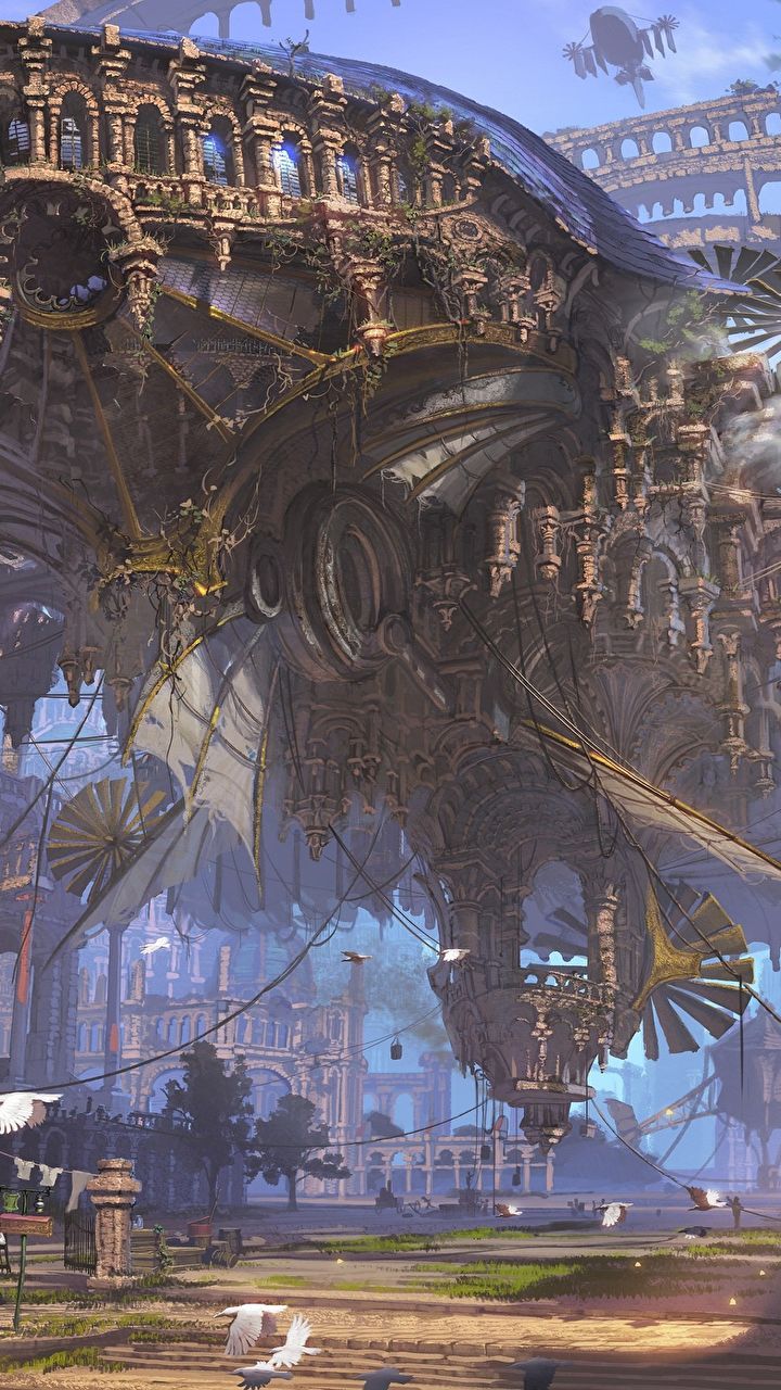 Città steampunk con dirigibile meccanico, 720x1280 Full HD Verticale, Google Pixel