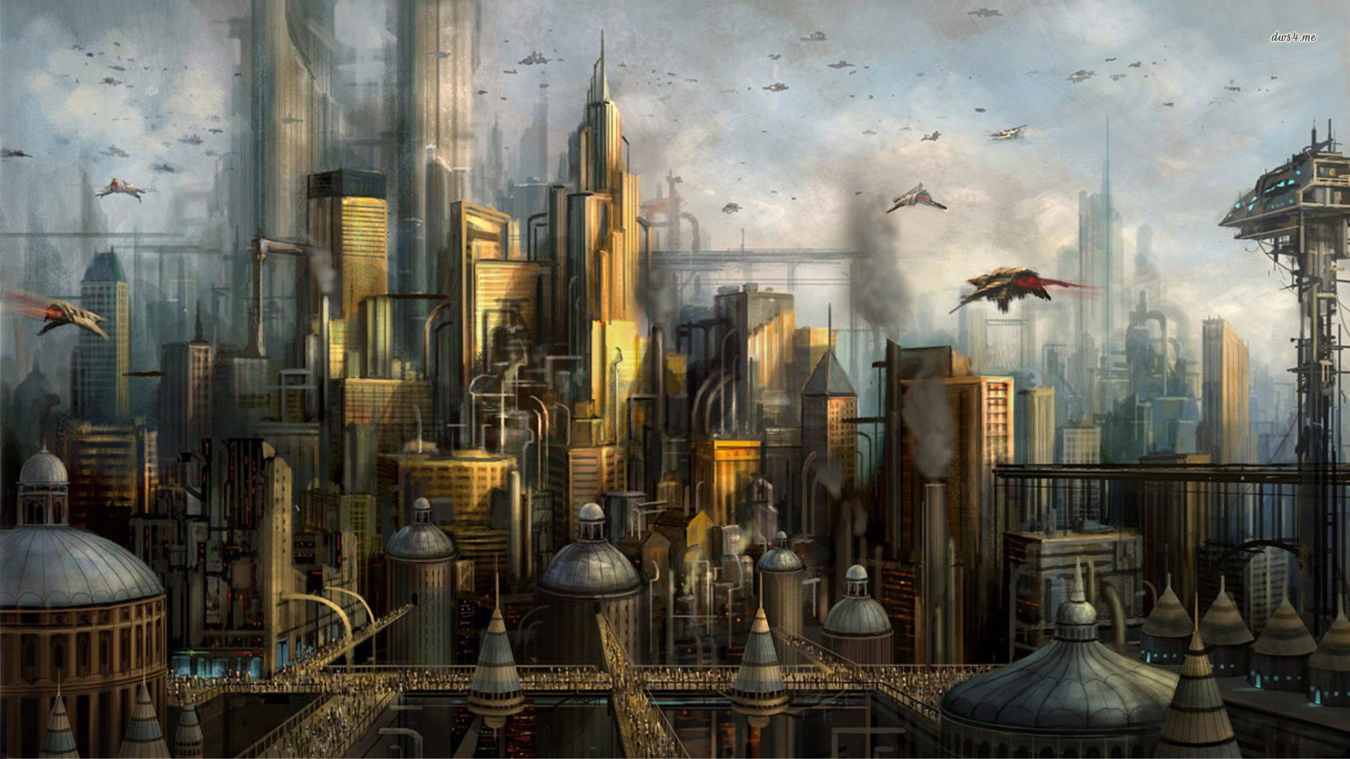 Città steampunk con dirigibili, 1920x1080 1080p, Desktop