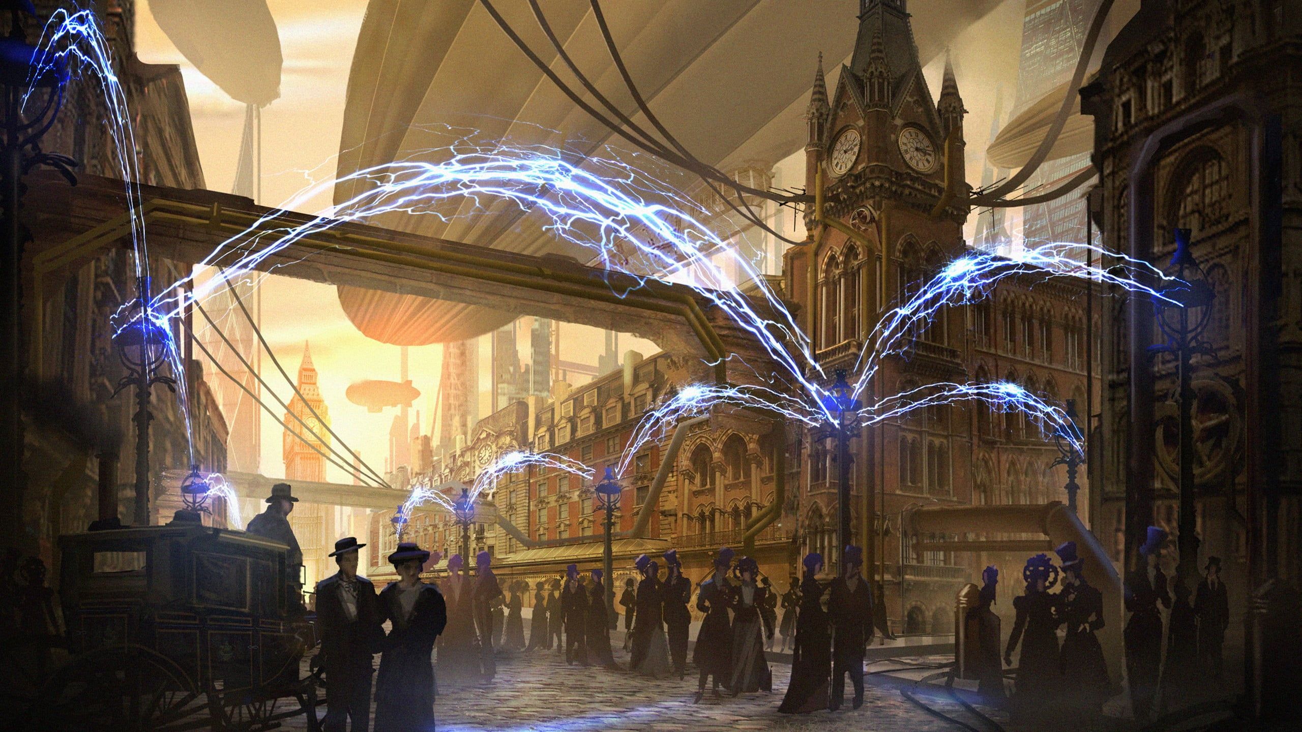 Città steampunk con torre orologio, 2560x1440 2K QHD, PC