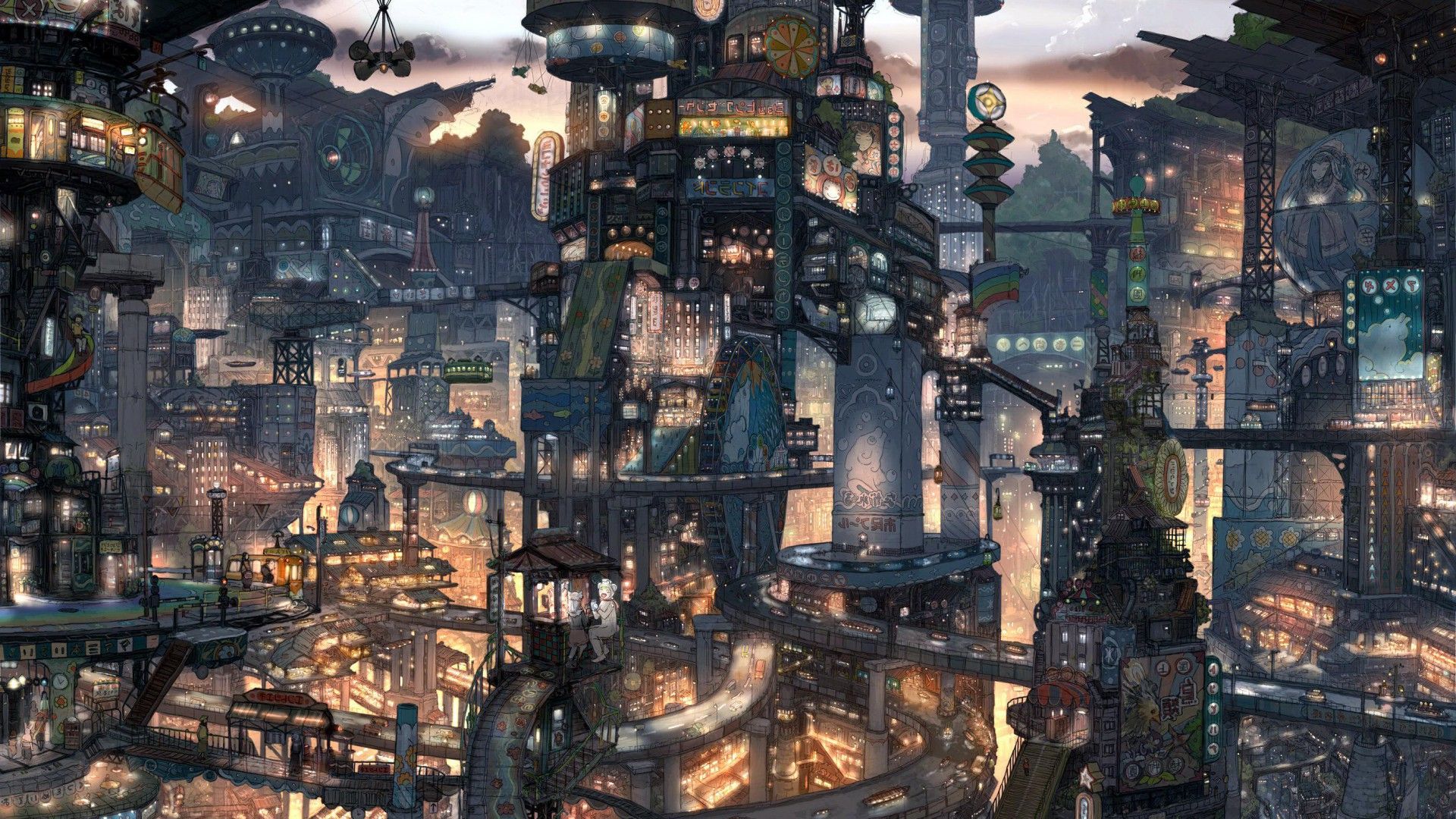 Città steampunk futuristica notturna, 1920x1080 Full HD 1080p, PC Desktop