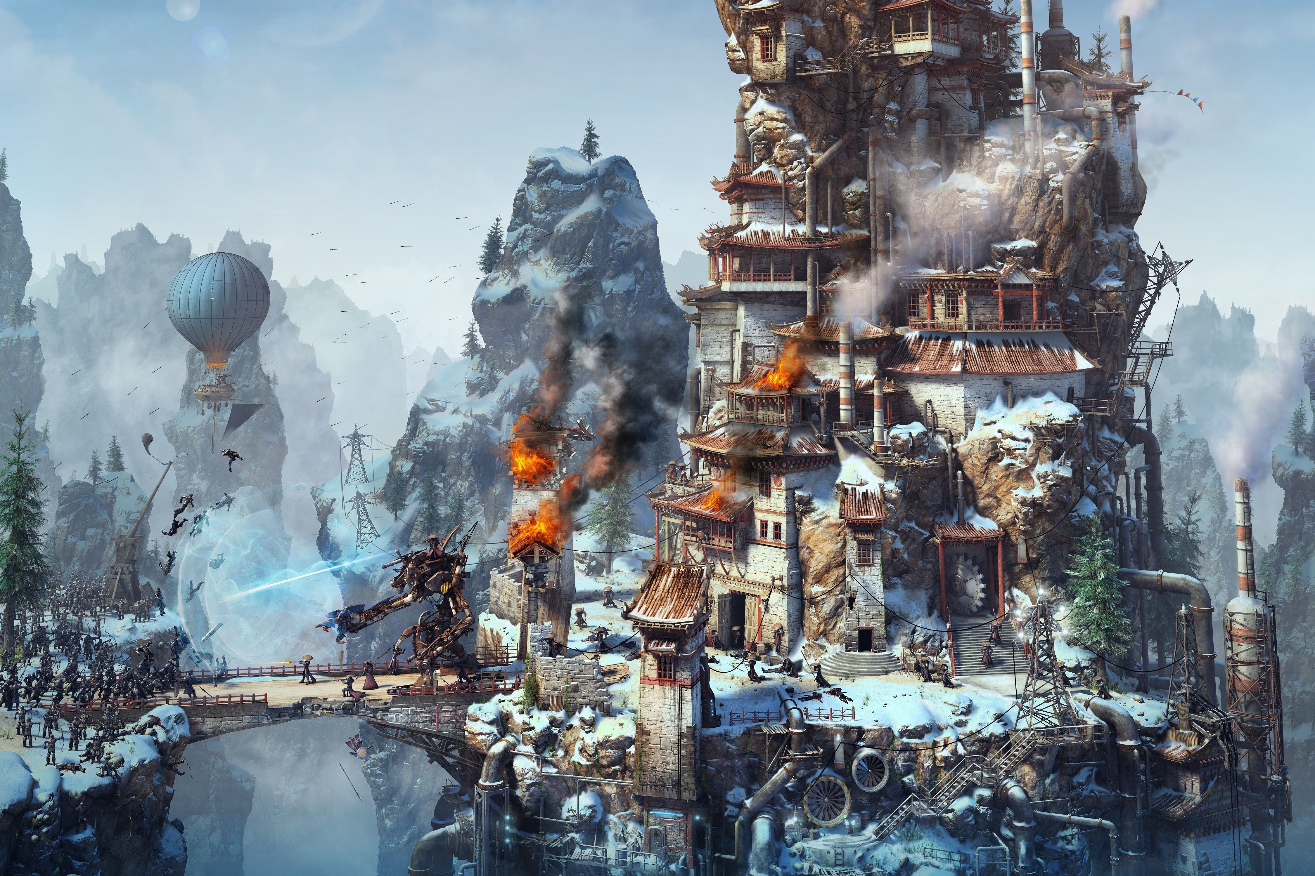 Città steampunk innevata su rocce, 4500x3000 Ultra HD, 4K TV
