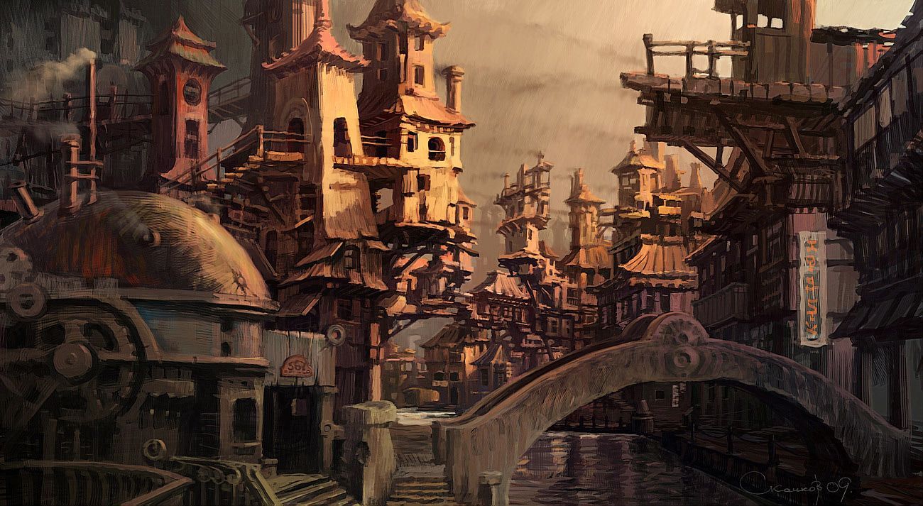 Città fantasy steampunk con canale, 1300x713 HD, Desktop