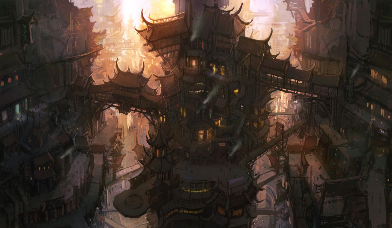 Città steampunk fantasy scura, 1373x800 HD, Desktop