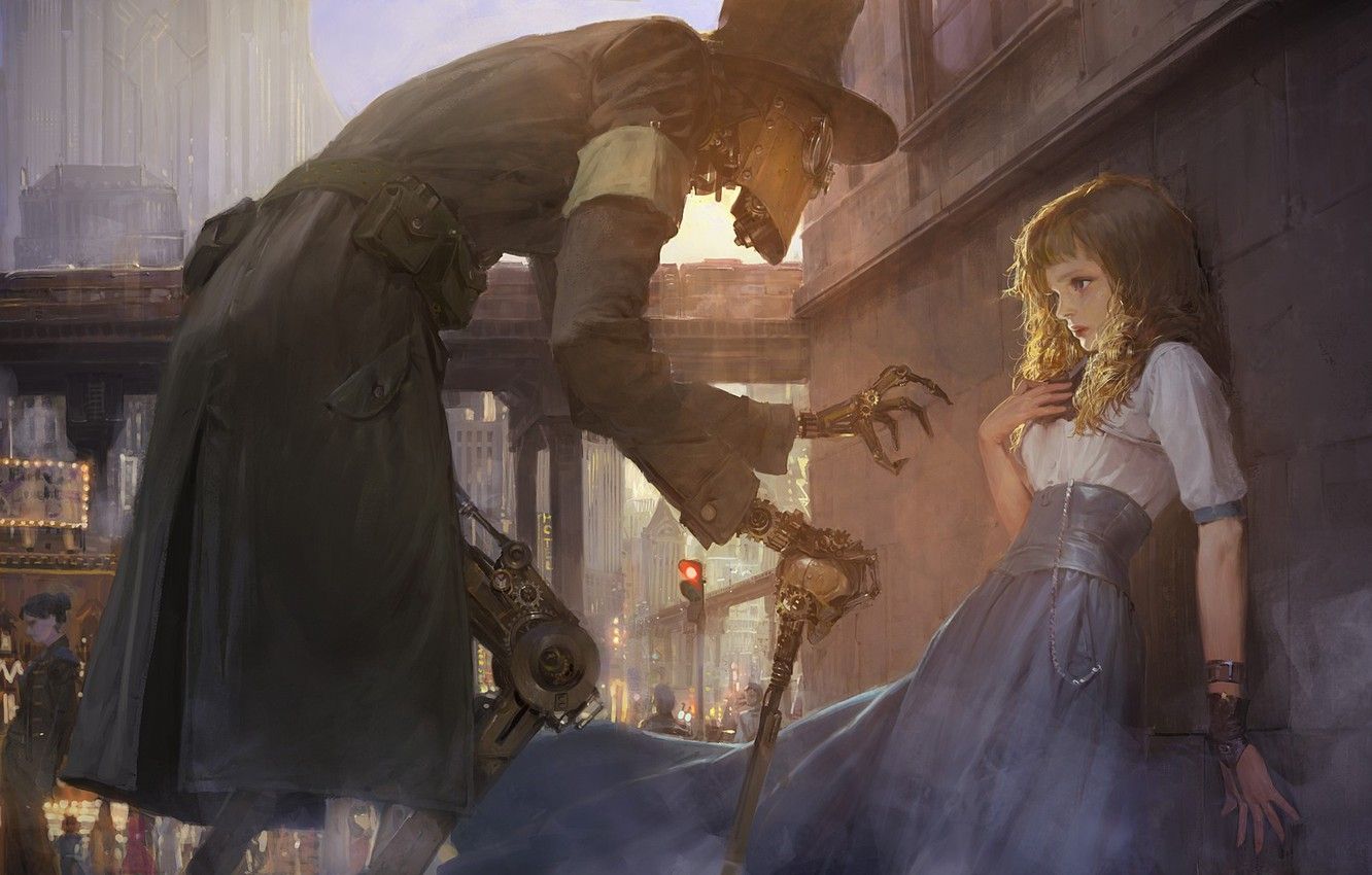 Uomo steampunk e ragazza vicolo, 1332x850 720p, PC
