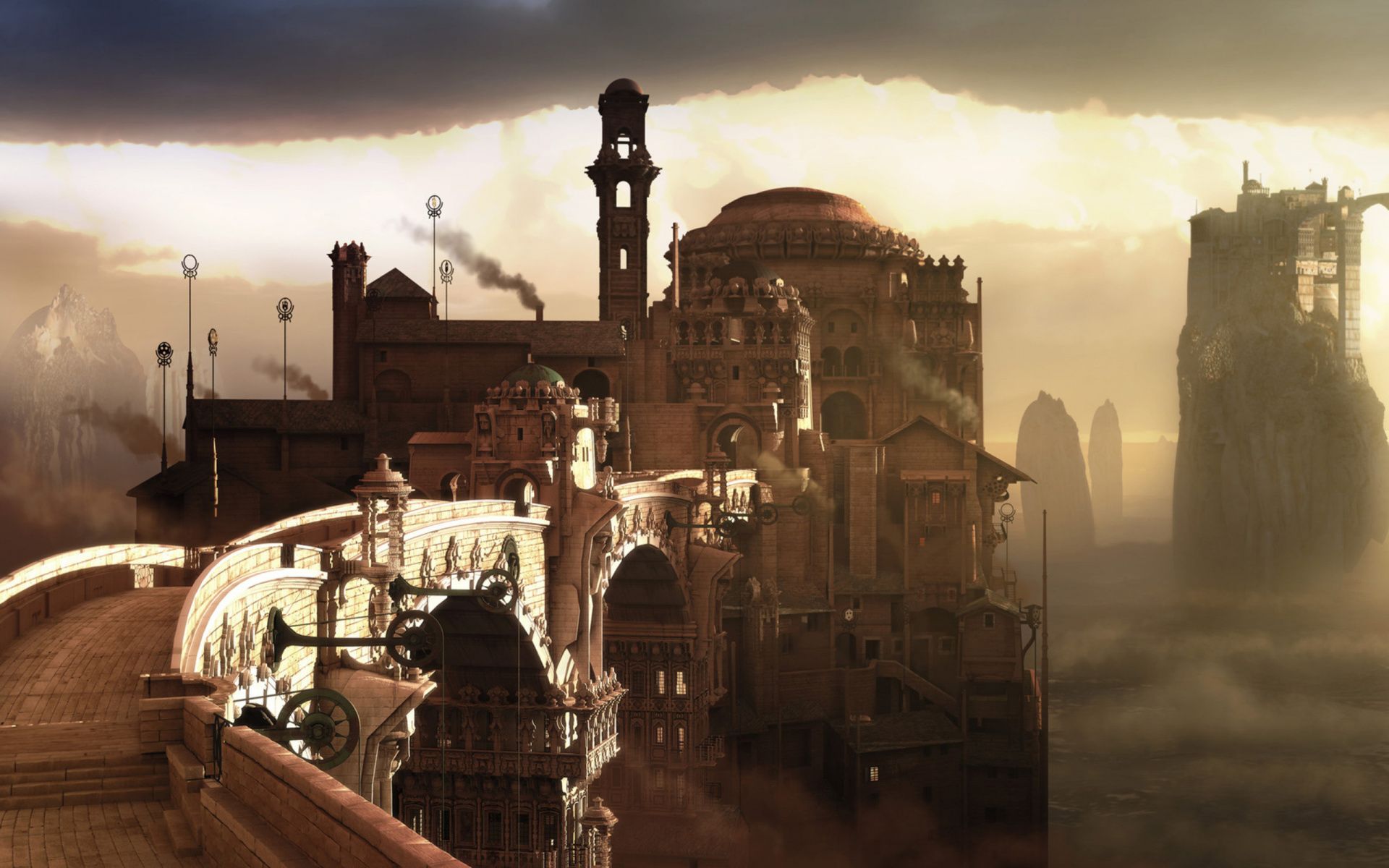 Città fantasy steampunk nebbiosa, 1920x1200 Full HD+, PC